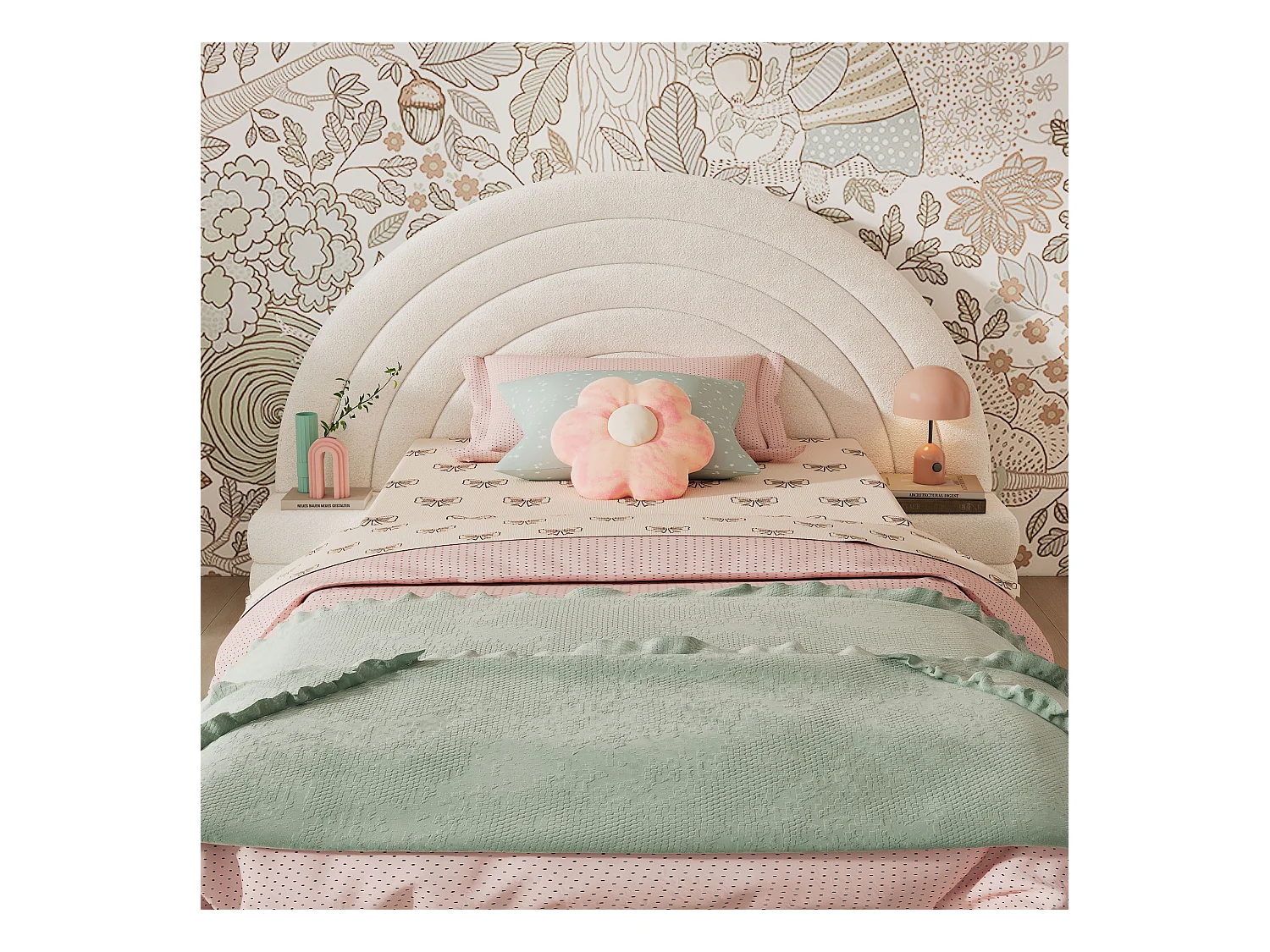 Lit simple rembourré 90x200 cm - tête de lit arc-en-ciel - avec 2 tables de chevet - Imitation laine - Beige (sans matelas)