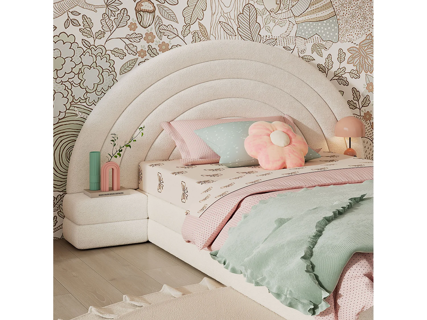 Lit simple rembourré 90x200 cm - tête de lit arc-en-ciel - avec 2 tables de chevet - Imitation laine - Beige (sans matelas)