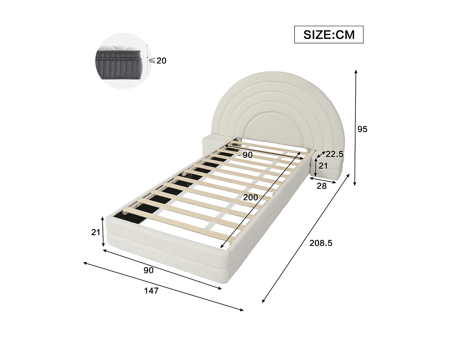 Lit simple rembourré 90x200 cm - tête de lit arc-en-ciel - avec 2 tables de chevet - Imitation laine - Beige (sans matelas)