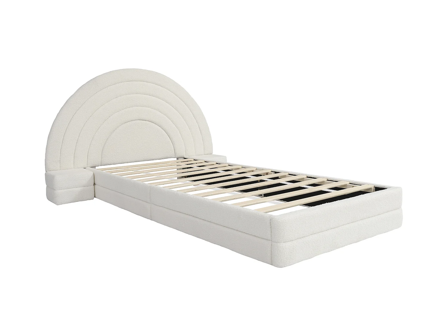 Lit simple rembourré 90x200 cm - tête de lit arc-en-ciel - avec 2 tables de chevet - Imitation laine - Beige (sans matelas)