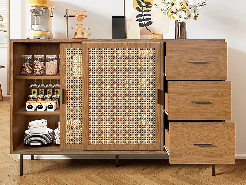 Buffet style campagnard 140x37x91cm - avec 2 portes coulissantes et 3 tiroirs - pieds en métal - panneau de particules - Naturel