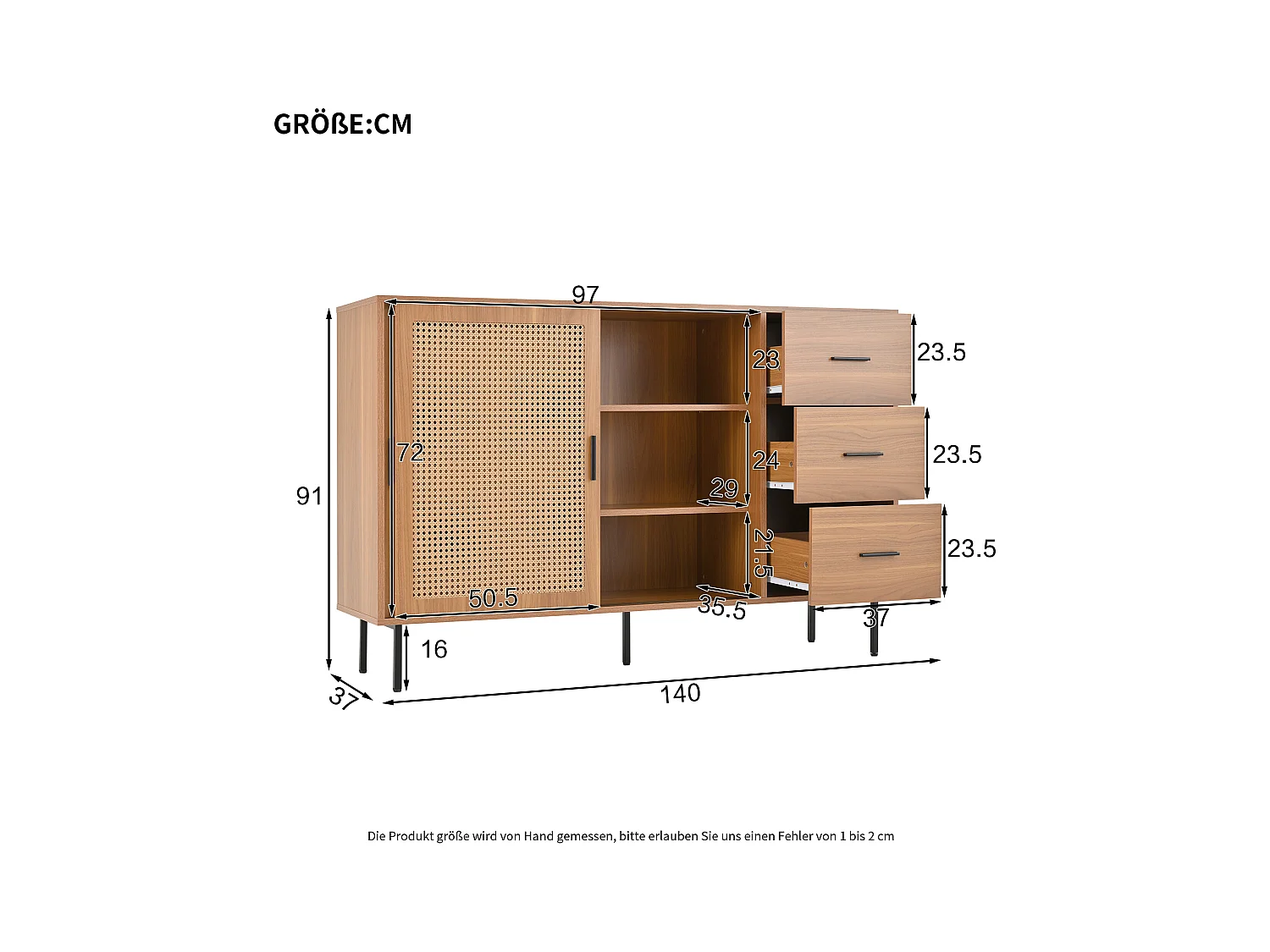 Buffet style campagnard 140x37x91cm - avec 2 portes coulissantes et 3 tiroirs - pieds en métal - panneau de particules - Naturel