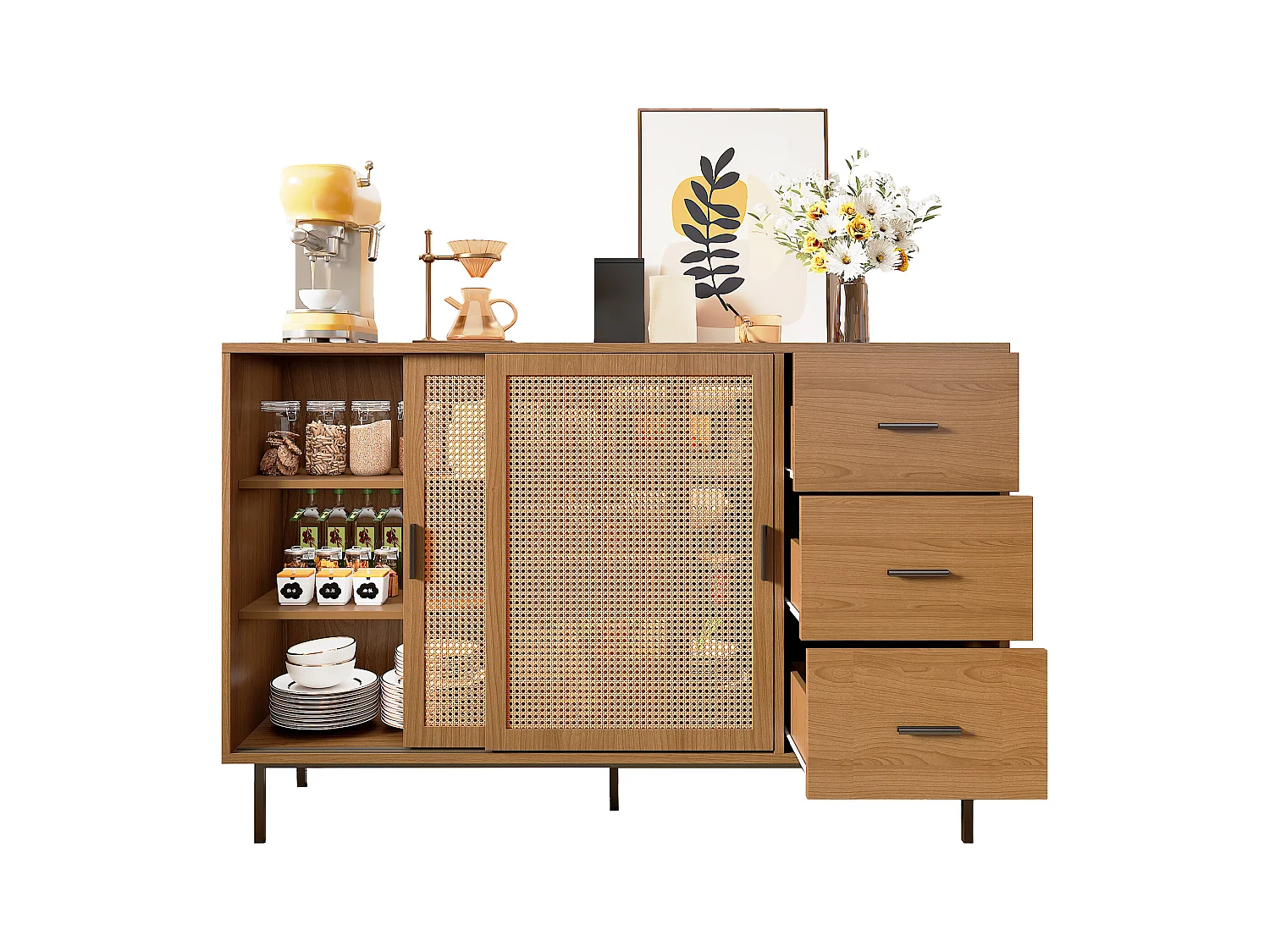 Buffet style campagnard 140x37x91cm - avec 2 portes coulissantes et 3 tiroirs - pieds en métal - panneau de particules - Naturel