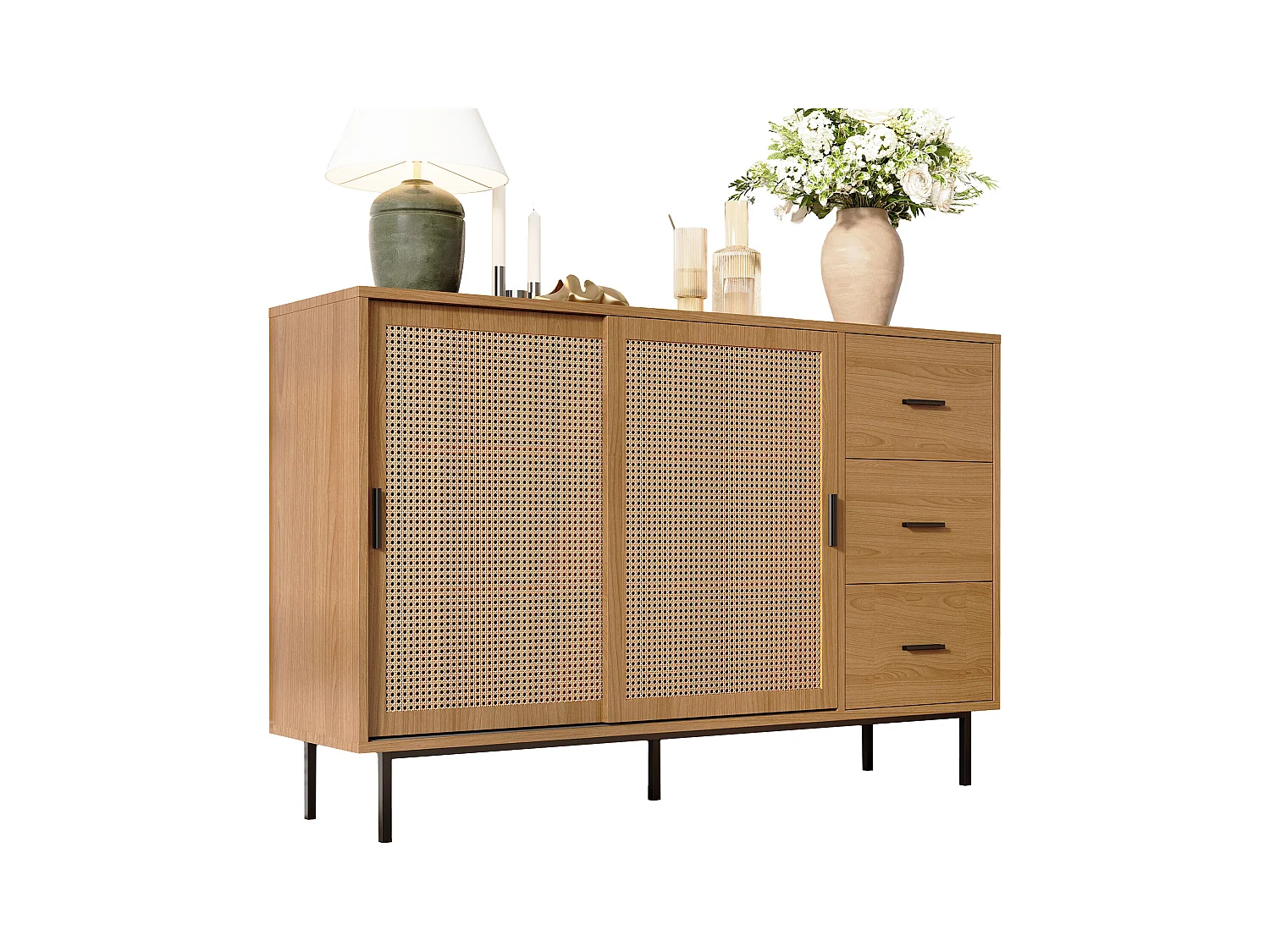 Buffet style campagnard 140x37x91cm - avec 2 portes coulissantes et 3 tiroirs - pieds en métal - panneau de particules - Naturel