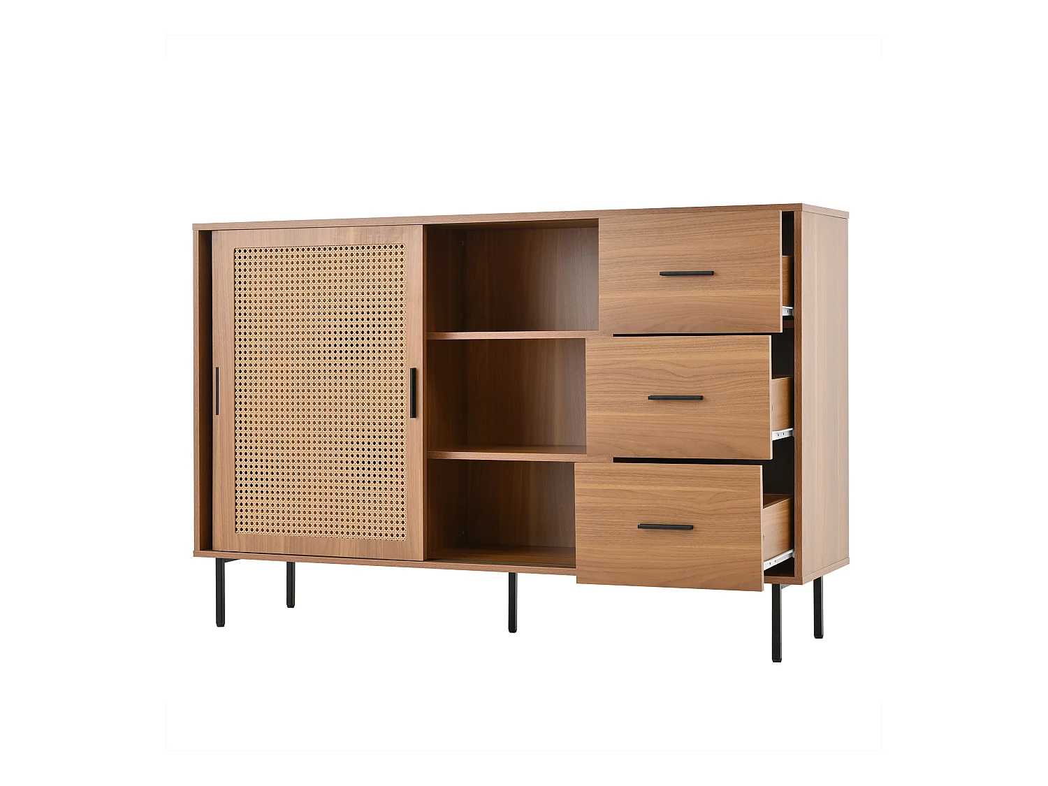 Buffet style campagnard 140x37x91cm - avec 2 portes coulissantes et 3 tiroirs - pieds en métal - panneau de particules - Naturel