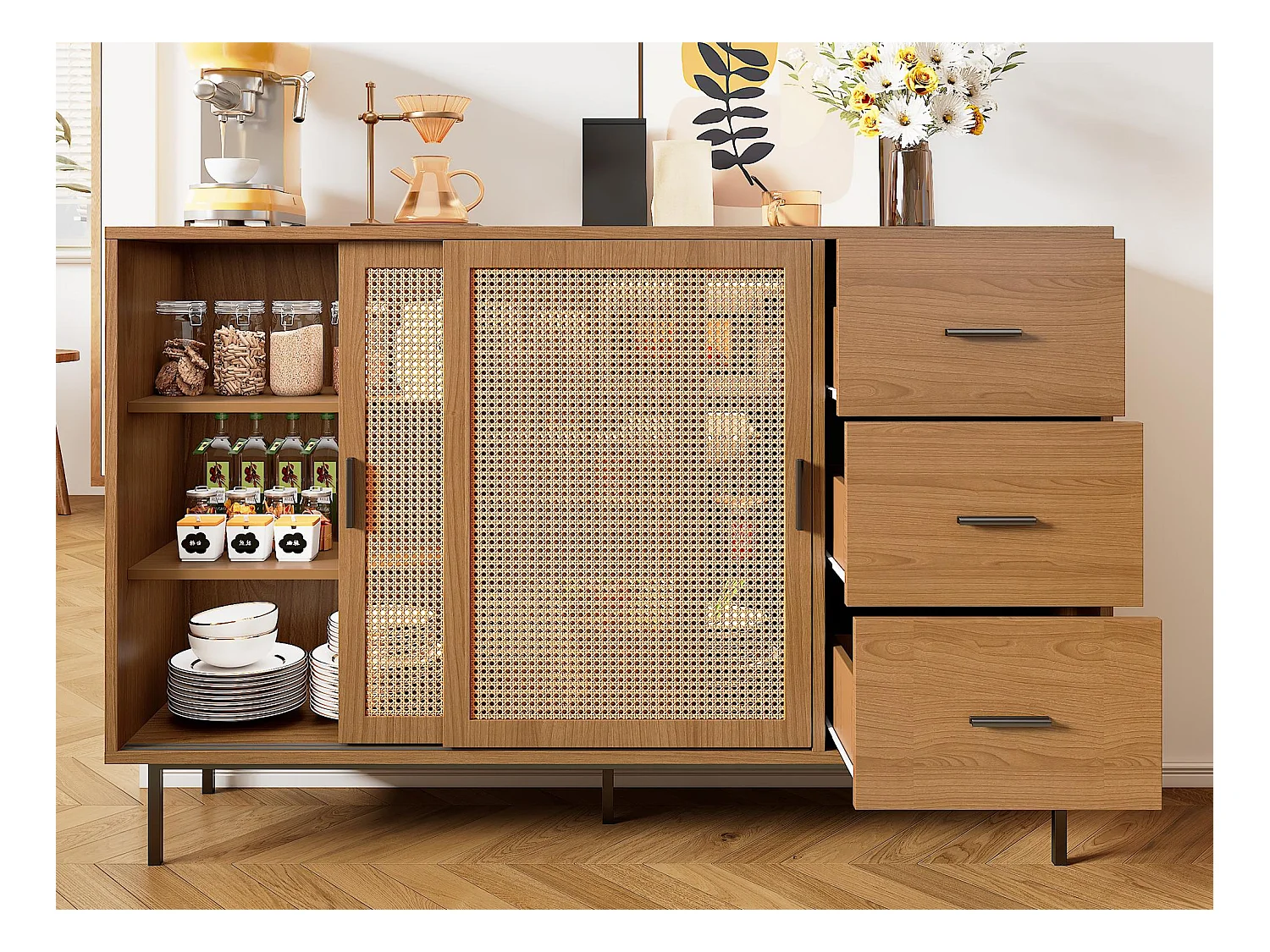 Buffet style campagnard 140x37x91cm - avec 2 portes coulissantes et 3 tiroirs - pieds en métal - panneau de particules - Naturel