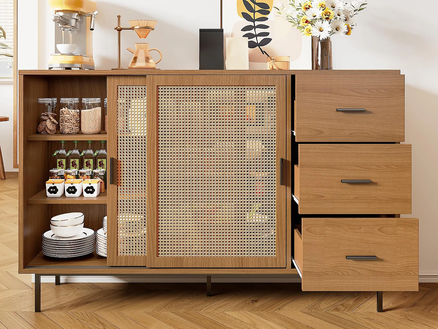 Buffet style campagnard 140x37x91cm - avec 2 portes coulissantes et 3 tiroirs - pieds en métal - panneau de particules - Naturel