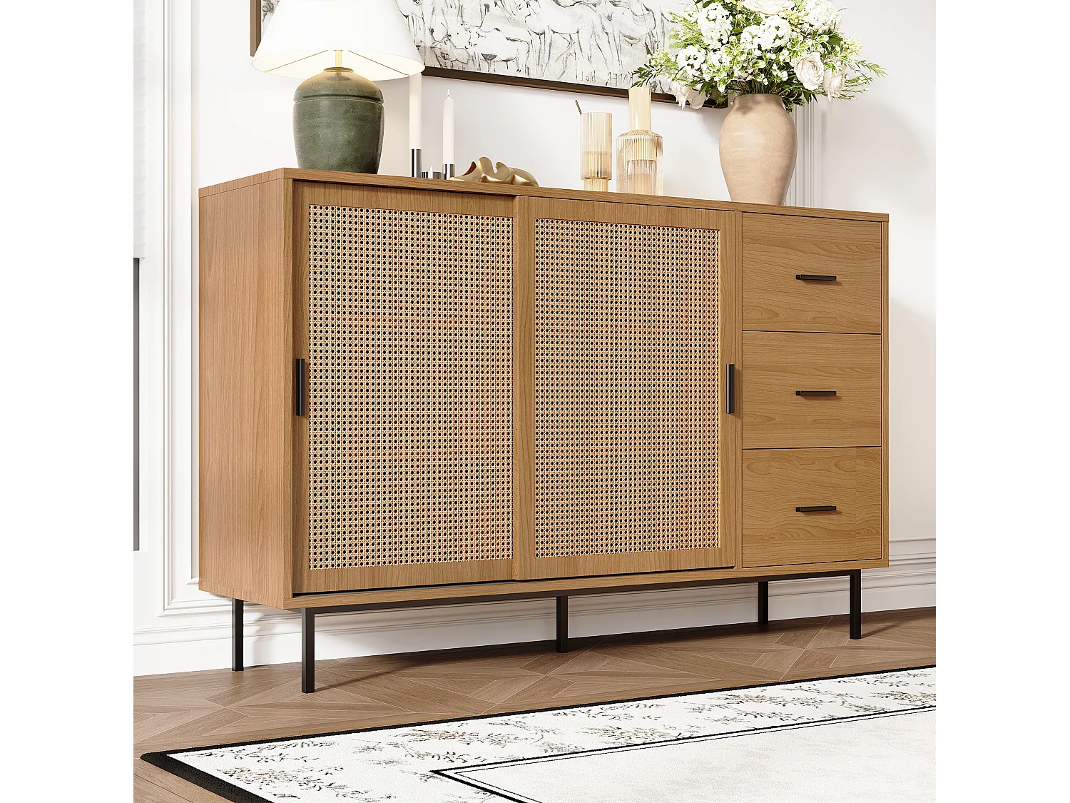 Buffet style campagnard 140x37x91cm - avec 2 portes coulissantes et 3 tiroirs - pieds en métal - panneau de particules - Naturel