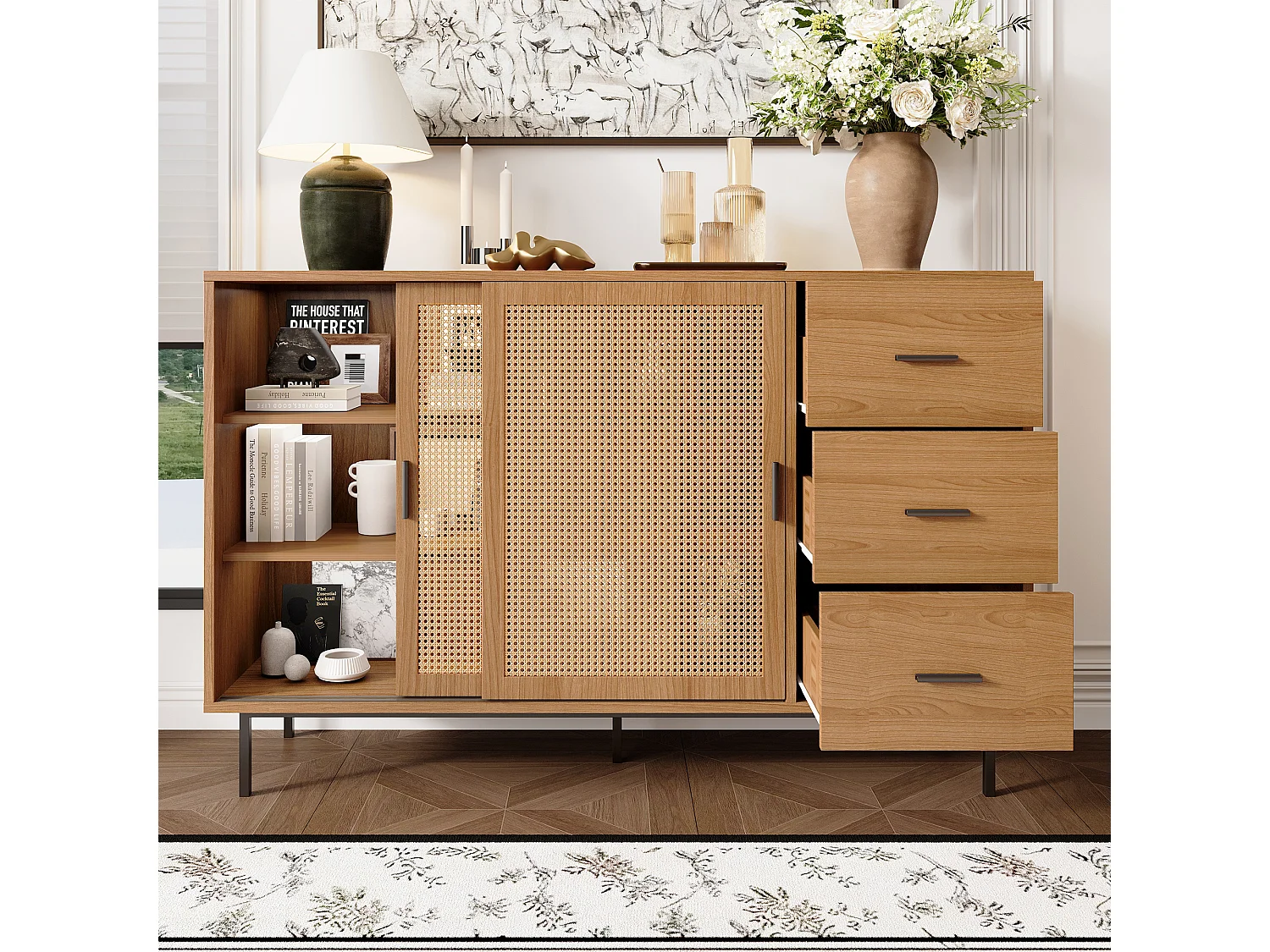 Buffet style campagnard 140x37x91cm - avec 2 portes coulissantes et 3 tiroirs - pieds en métal - panneau de particules - Naturel