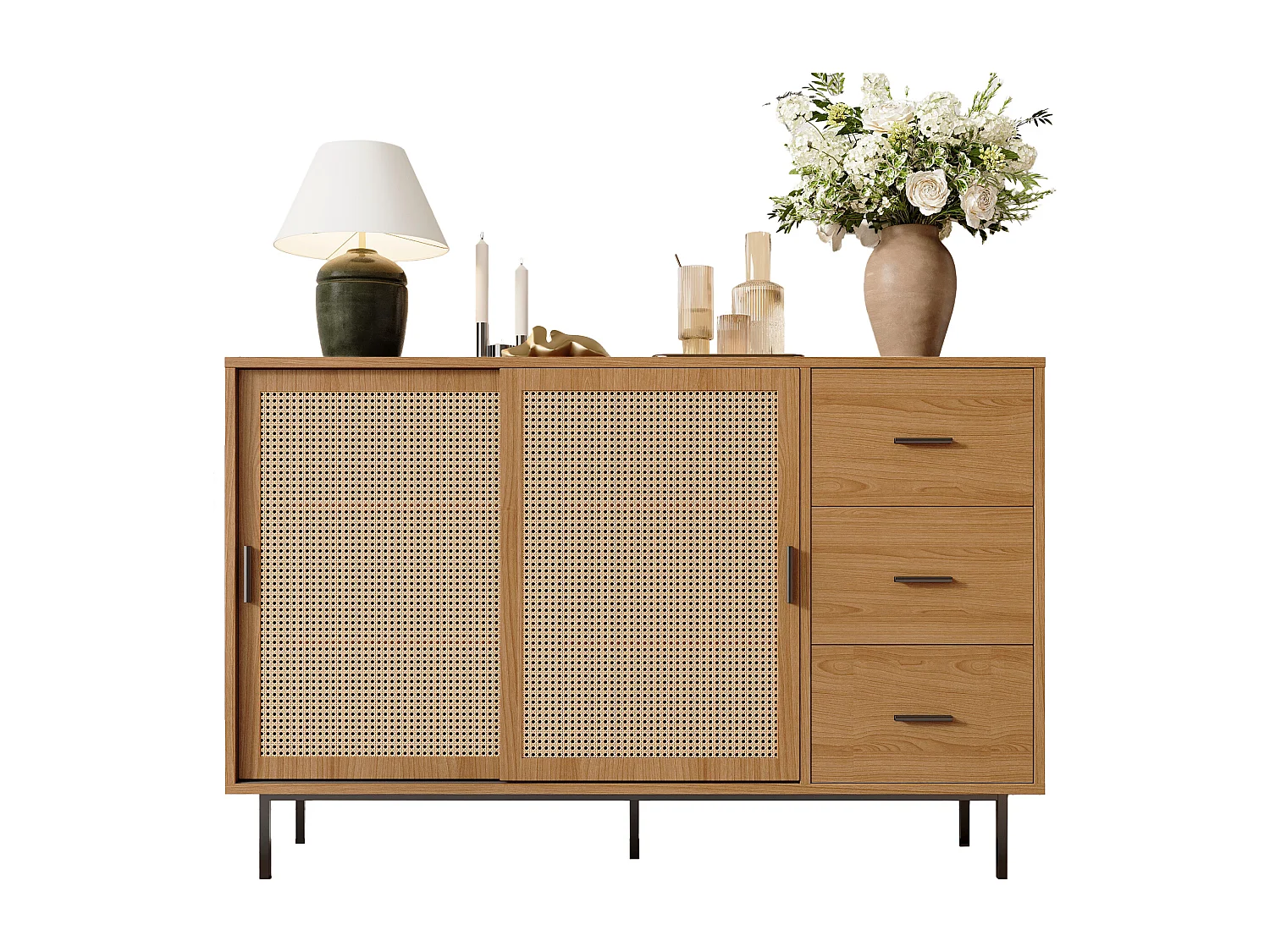 Buffet style campagnard 140x37x91cm - avec 2 portes coulissantes et 3 tiroirs - pieds en métal - panneau de particules - Naturel