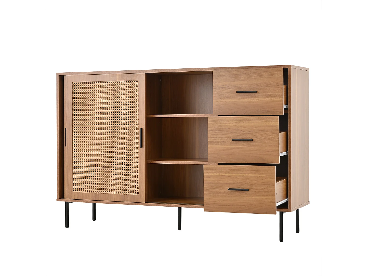 Buffet style campagnard 140x37x91cm - avec 2 portes coulissantes et 3 tiroirs - pieds en métal - panneau de particules - Naturel