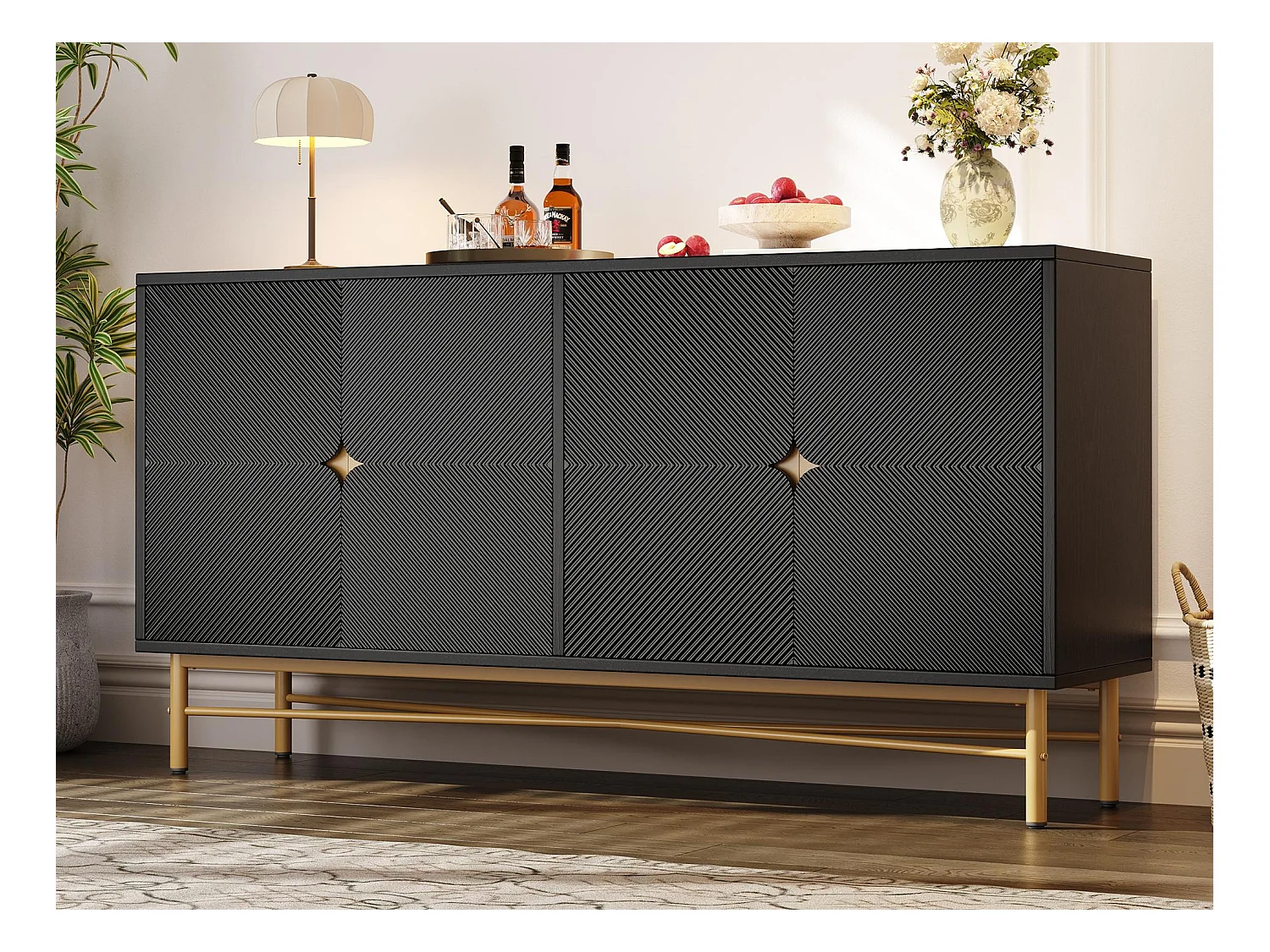 Buffet moderne 160x40x82cm - avec 4 portes - pieds en métal - panneau de particules - Noir