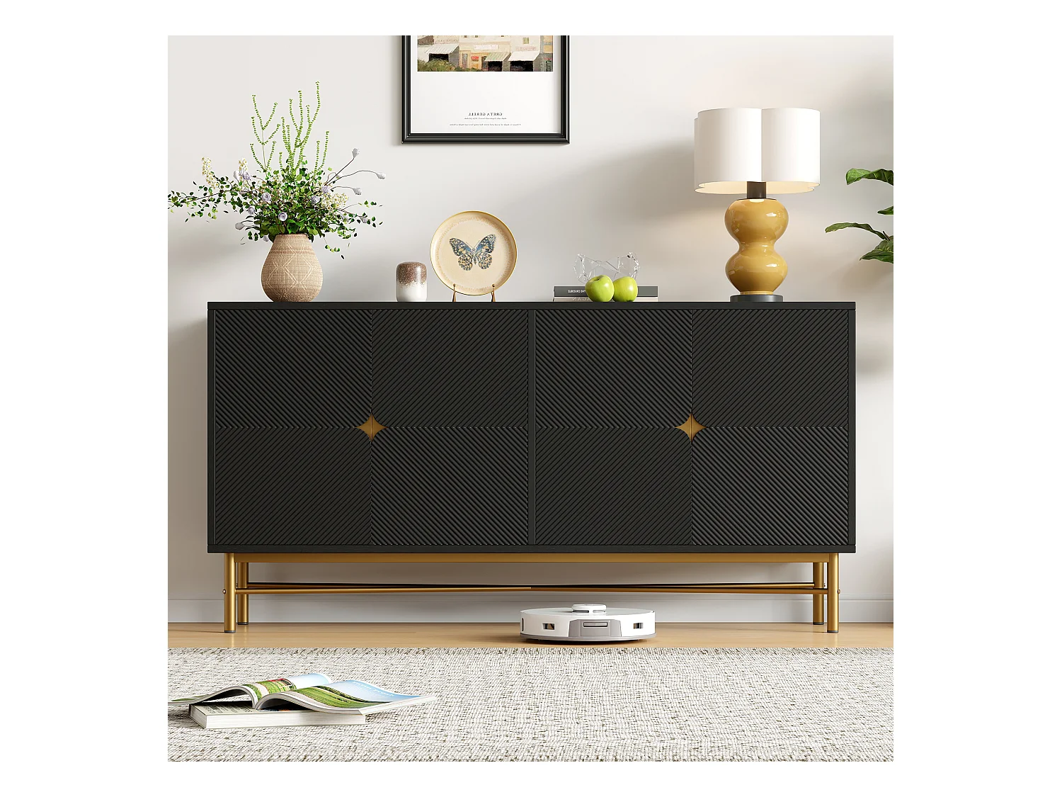 Buffet moderne 160x40x82cm - avec 4 portes - pieds en métal - panneau de particules - Noir