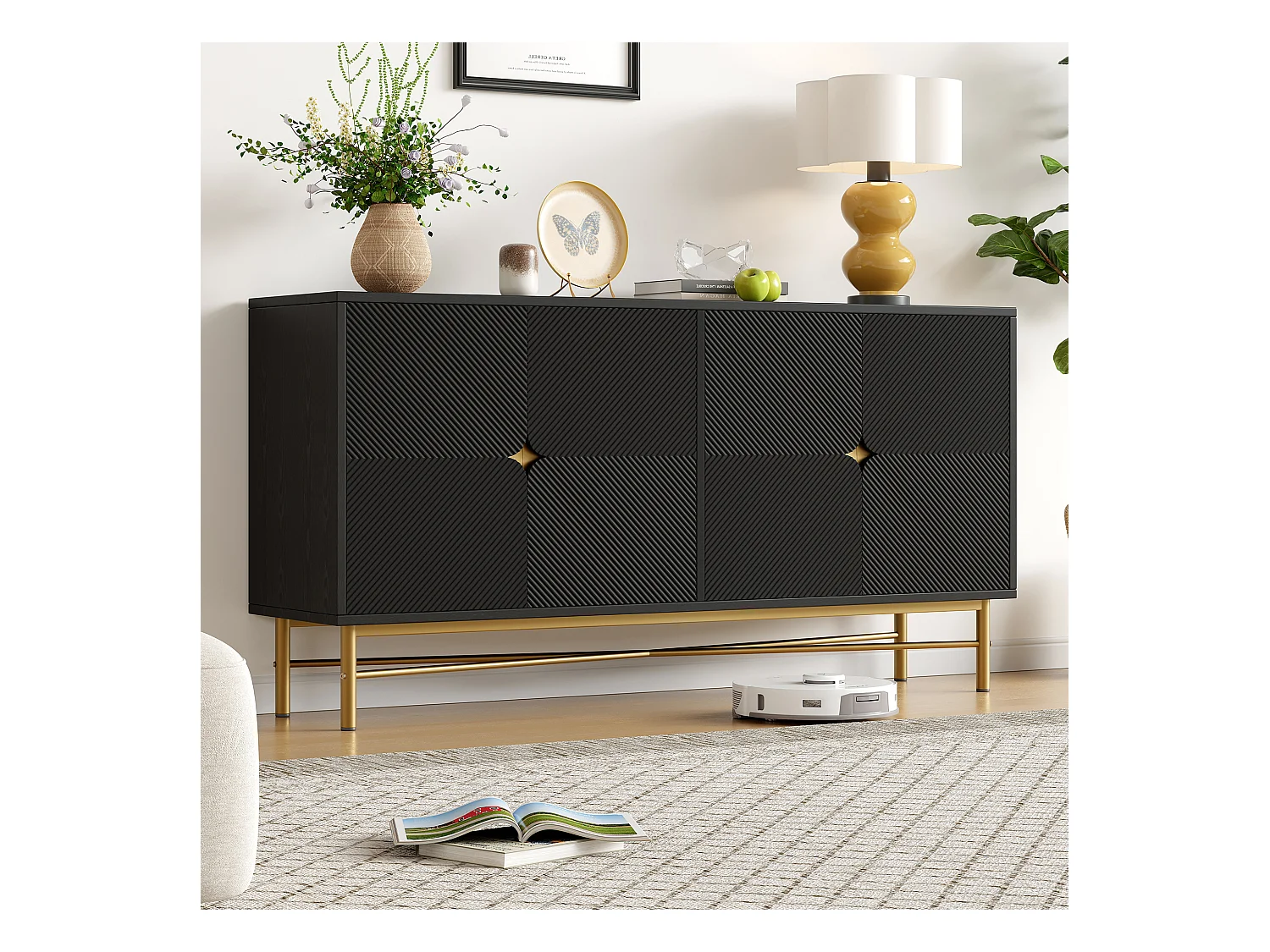 Buffet moderne 160x40x82cm - avec 4 portes - pieds en métal - panneau de particules - Noir