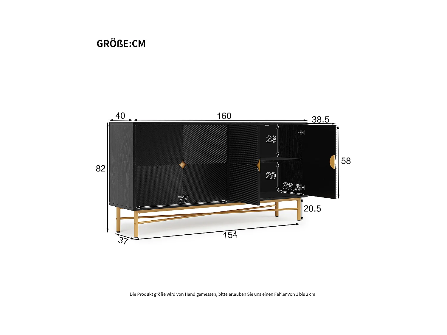 Buffet moderne 160x40x82cm - avec 4 portes - pieds en métal - panneau de particules - Noir