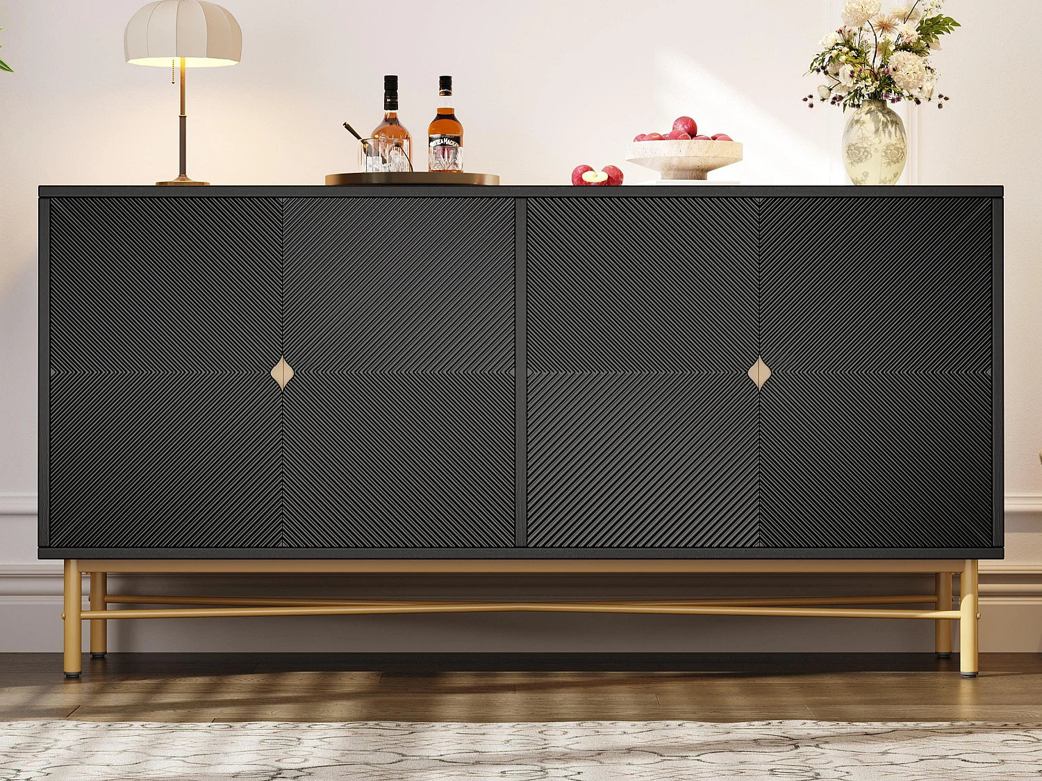 Buffet moderne 160x40x82cm - avec 4 portes - pieds en métal - panneau de particules - Noir