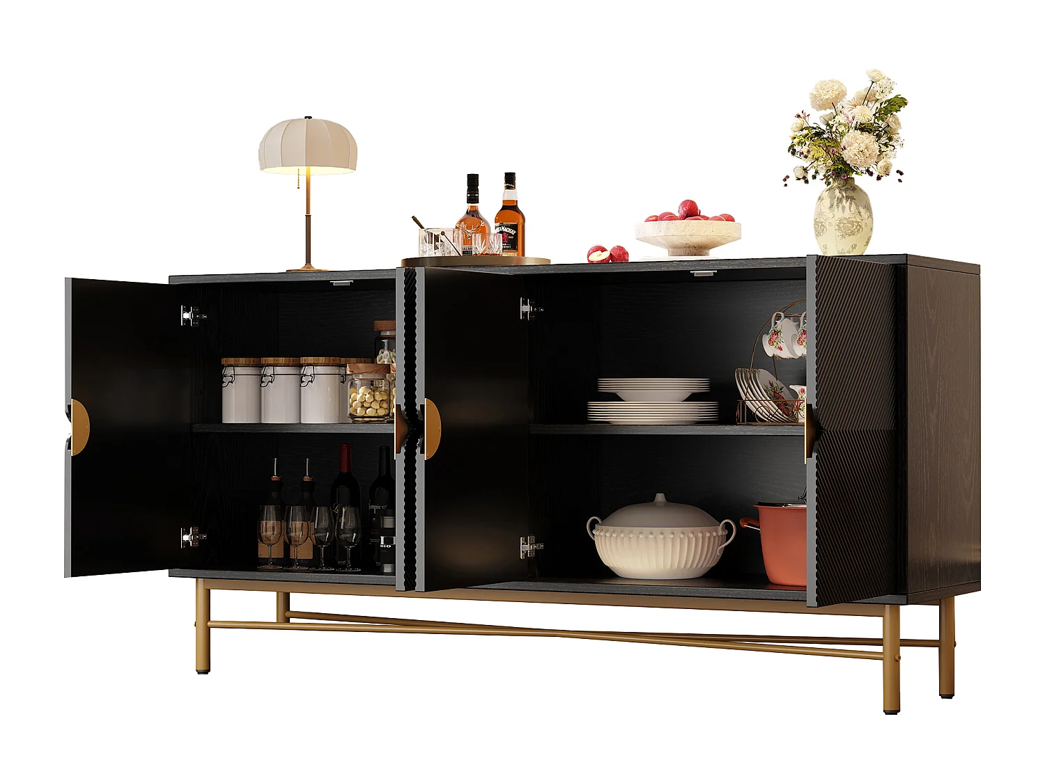 Buffet moderne 160x40x82cm - avec 4 portes - pieds en métal - panneau de particules - Noir