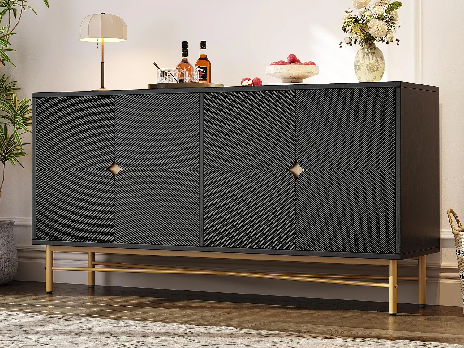 Modern sideboard 160x40x82cm - with 4 doors - metal legs - particleboard - Black