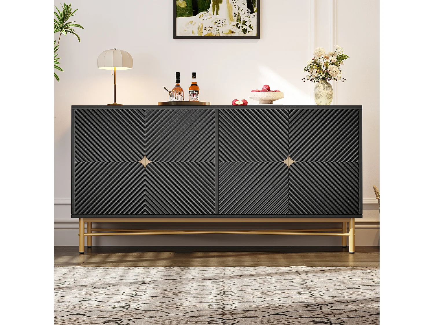Modern sideboard 160x40x82cm - with 4 doors - metal legs - particleboard - Black