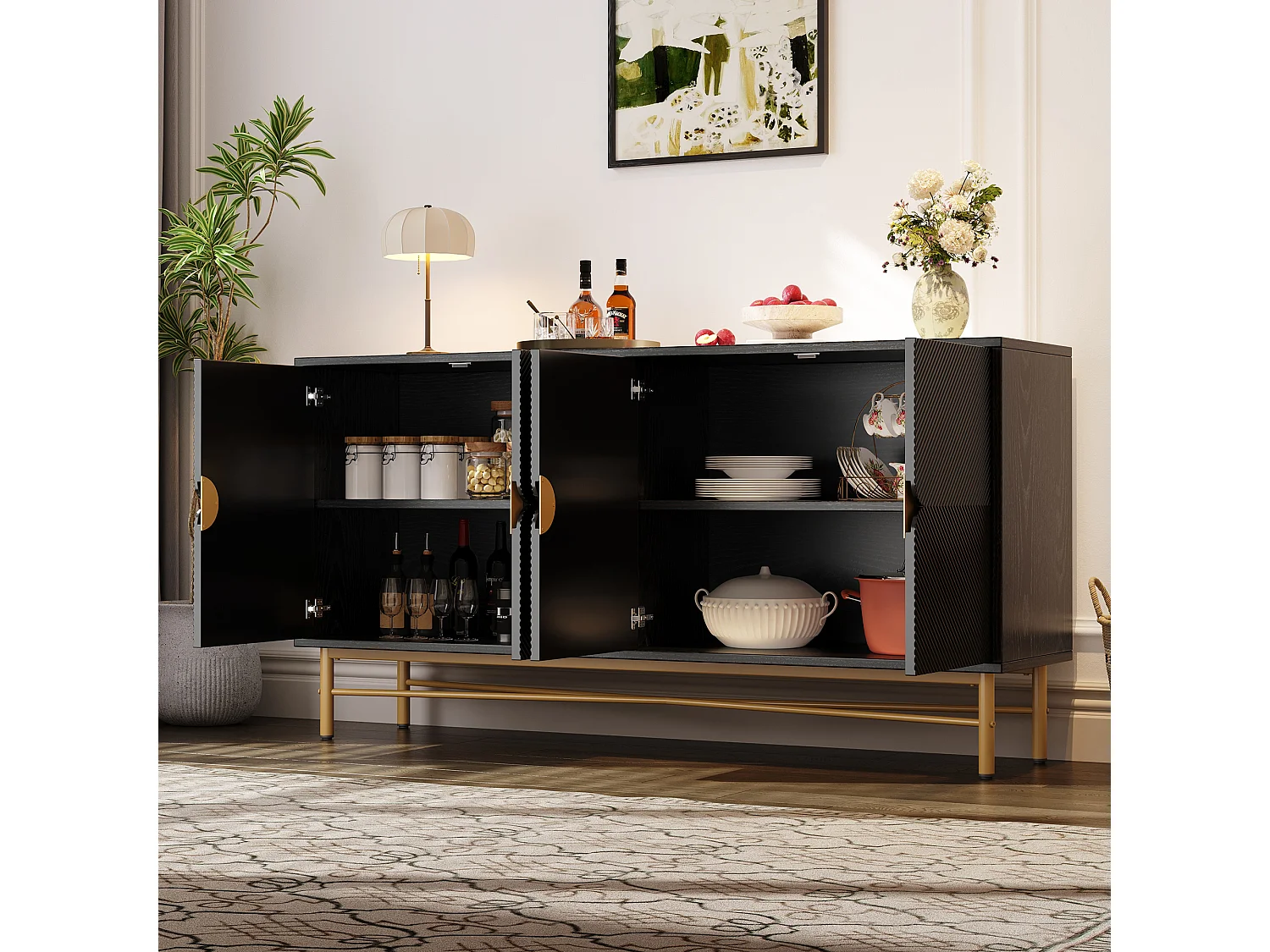 Modern sideboard 160x40x82cm - with 4 doors - metal legs - particleboard - Black