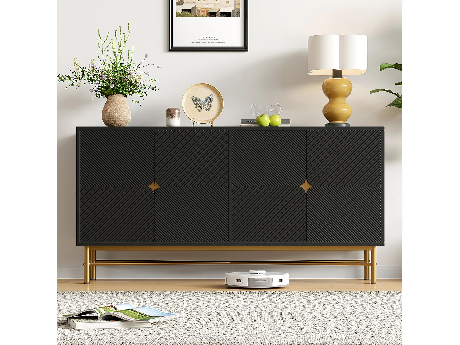 Modern sideboard 160x40x82cm - with 4 doors - metal legs - particleboard - Black