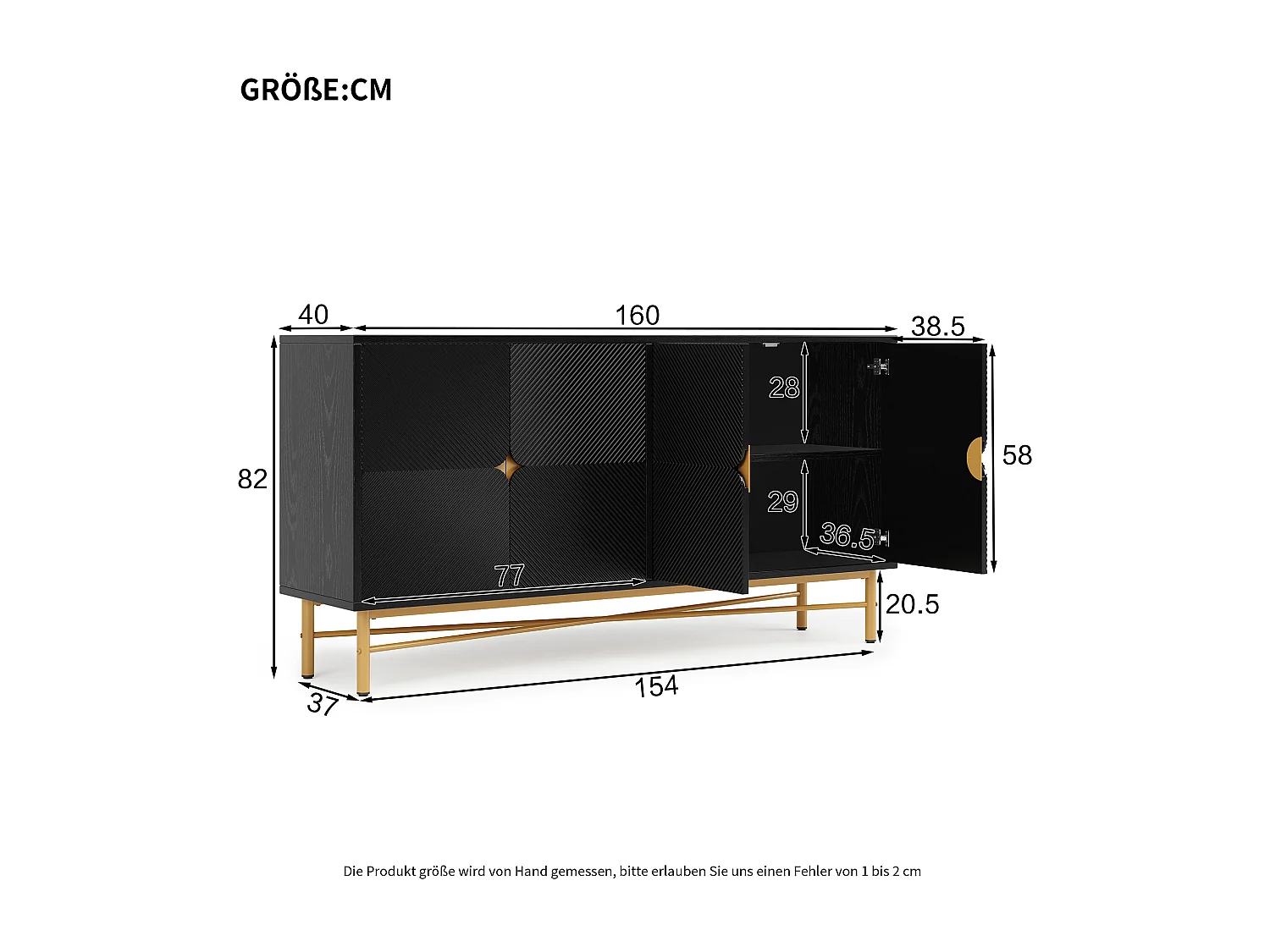 Modern sideboard 160x40x82cm - with 4 doors - metal legs - particleboard - Black