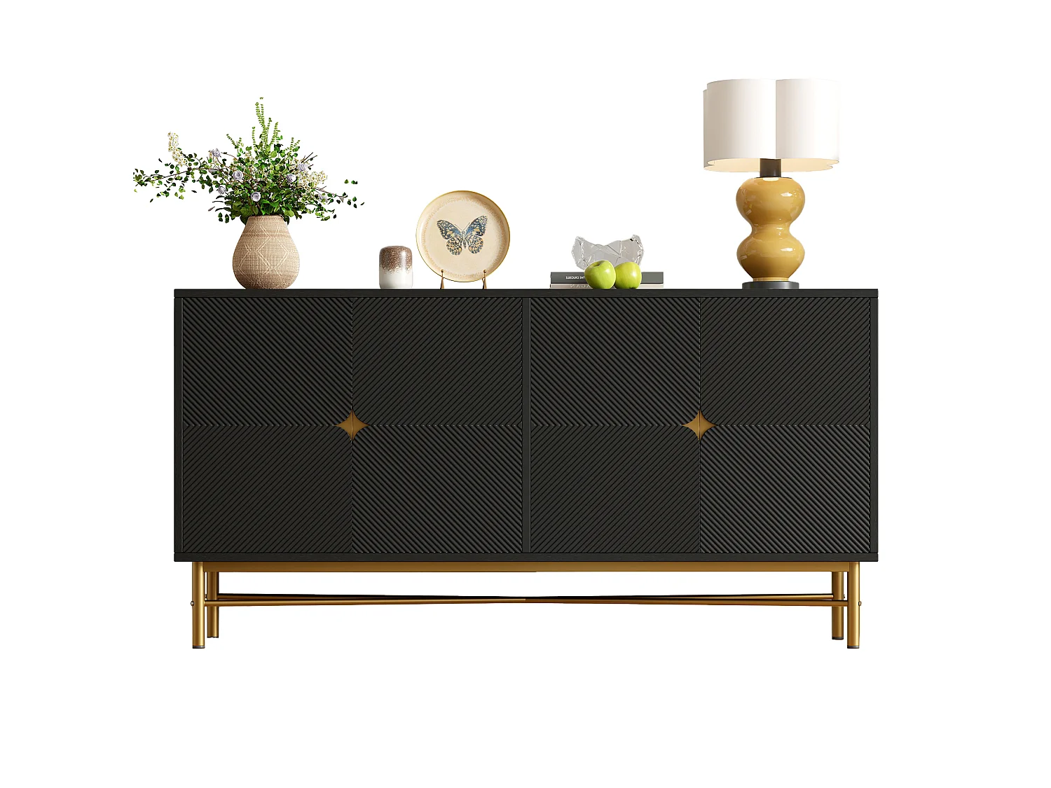 Buffet moderne 160x40x82cm - avec 4 portes - pieds en métal - panneau de particules - Noir
