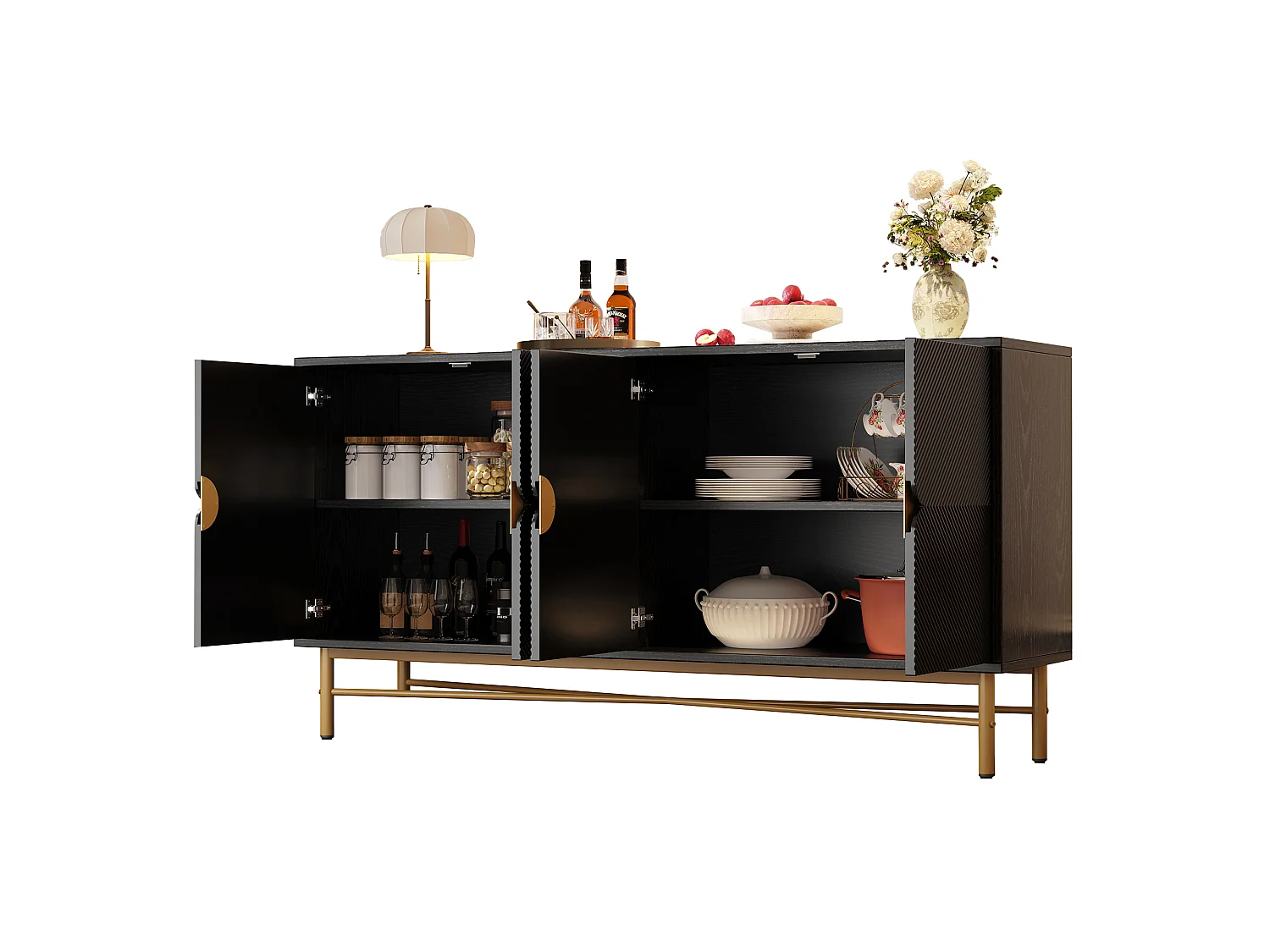 Buffet moderne 160x40x82cm - avec 4 portes - pieds en métal - panneau de particules - Noir