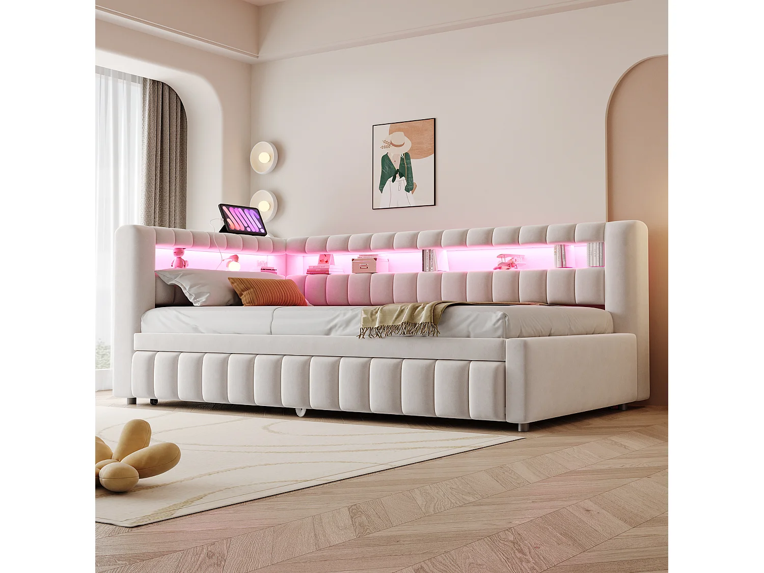 Kanapa rozkładana tapicerowana 90×200 cm - z oświetleniem LED - z portem ładowania USB - łóżko wysuwane - tkanina aksamitna - beżowa (materac nie jest zawarty)