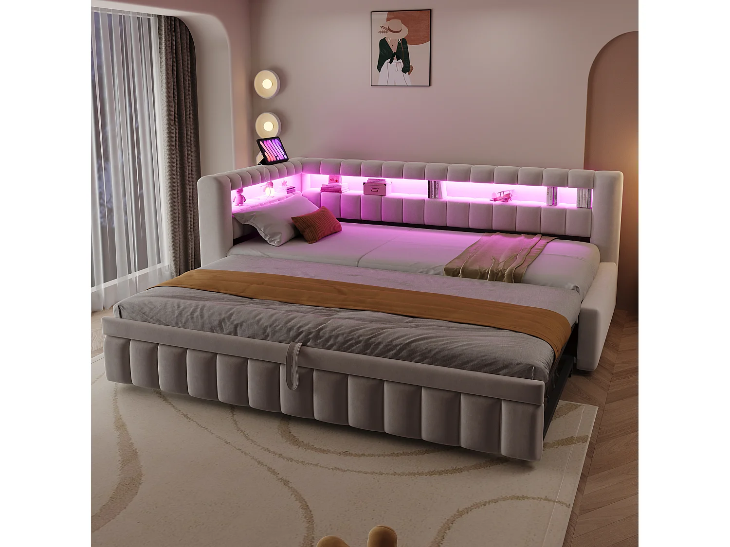 Kanapa rozkładana tapicerowana 90×200 cm - z oświetleniem LED - z portem ładowania USB - łóżko wysuwane - tkanina aksamitna - beżowa (materac nie jest zawarty)