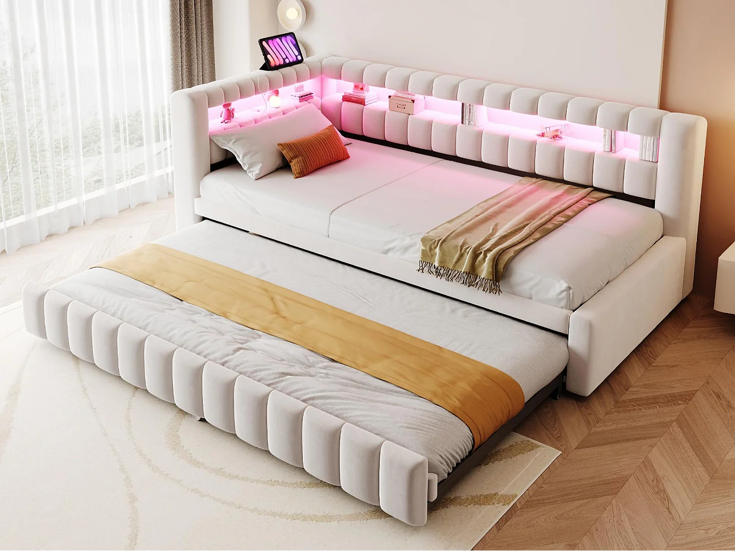 Kanapa rozkładana tapicerowana 90×200 cm - z oświetleniem LED - z portem ładowania USB - łóżko wysuwane - tkanina aksamitna - beżowa (materac nie jest zawarty)