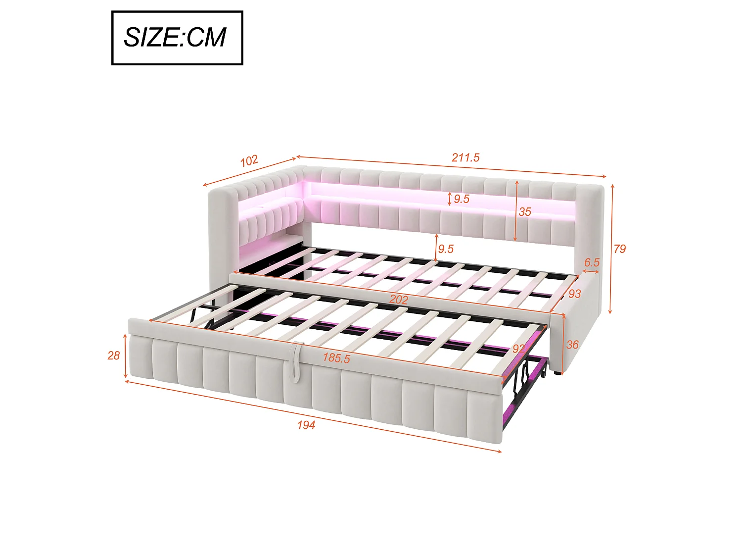 Kanapa rozkładana tapicerowana 90×200 cm - z oświetleniem LED - z portem ładowania USB - łóżko wysuwane - tkanina aksamitna - beżowa (materac nie jest zawarty)