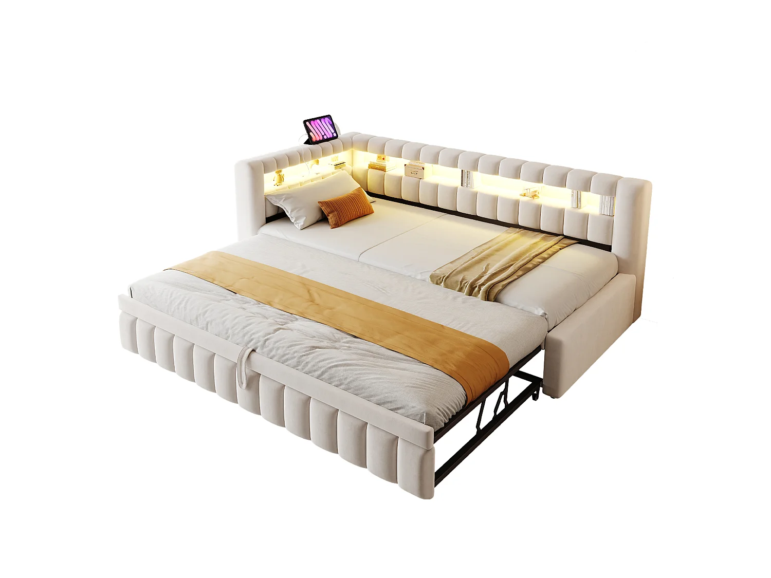 Kanapa rozkładana tapicerowana 90×200 cm - z oświetleniem LED - z portem ładowania USB - łóżko wysuwane - tkanina aksamitna - beżowa (materac nie jest zawarty)