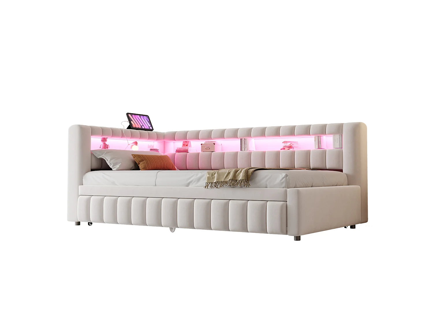 Kanapa rozkładana tapicerowana 90×200 cm - z oświetleniem LED - z portem ładowania USB - łóżko wysuwane - tkanina aksamitna - beżowa (materac nie jest zawarty)