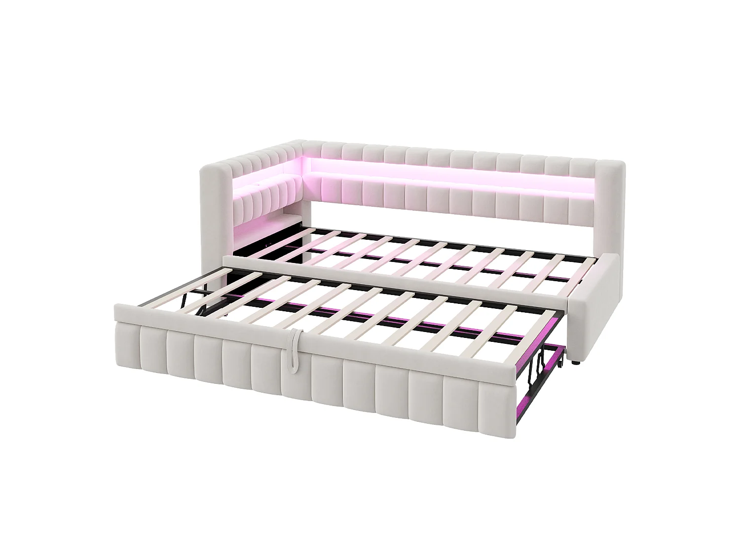 Kanapa rozkładana tapicerowana 90×200 cm - z oświetleniem LED - z portem ładowania USB - łóżko wysuwane - tkanina aksamitna - beżowa (materac nie jest zawarty)