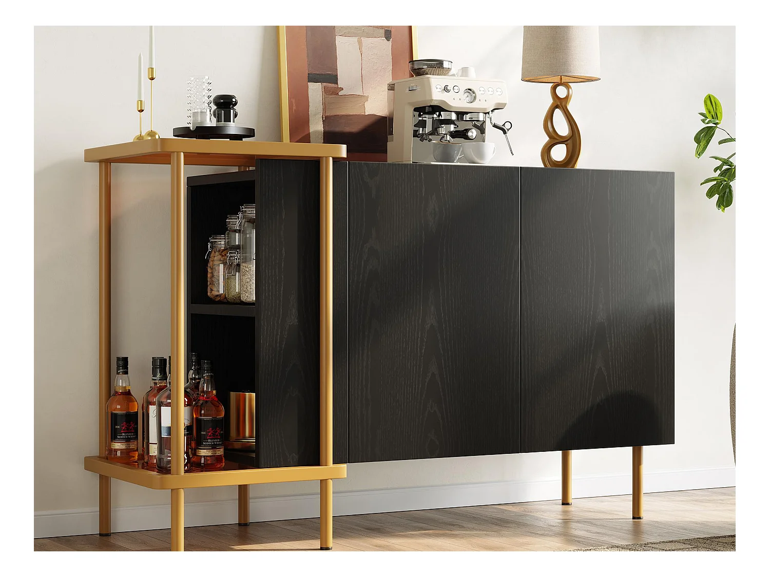 Buffet moderne 120x40x77.5cm - avec 2 portes - 2 compartiments ouverts - pieds en métal - panneau de particules - Noir