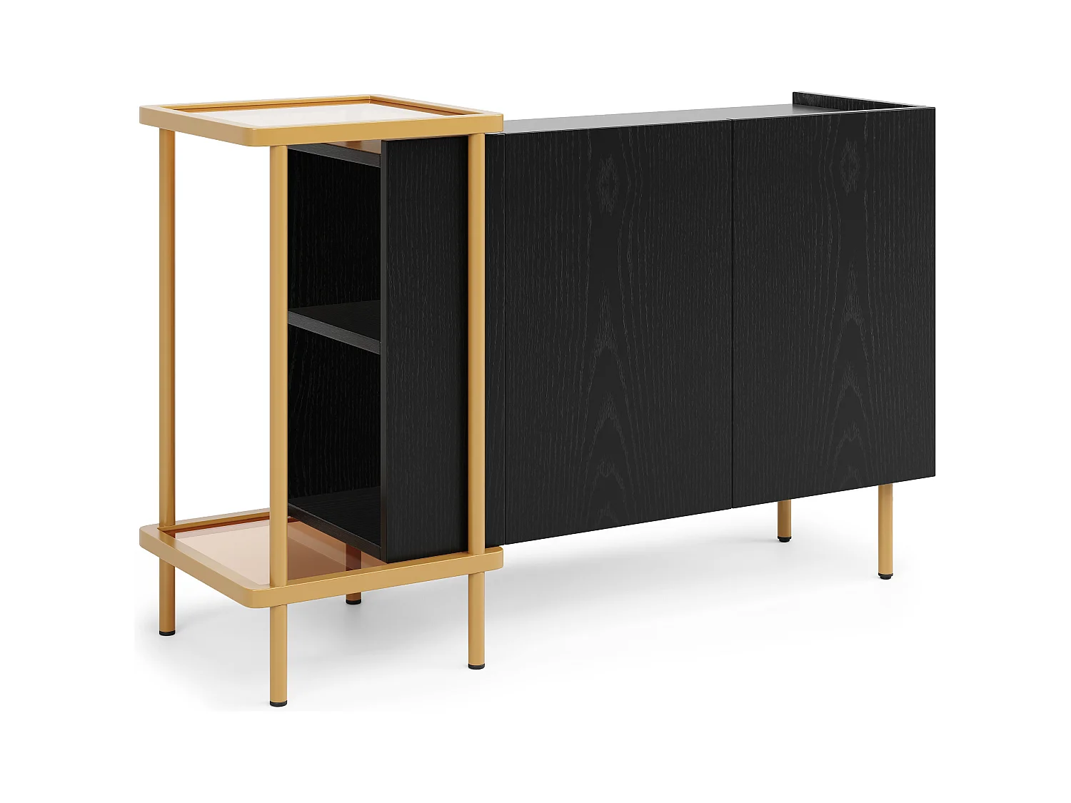 Buffet moderne 120x40x77.5cm - avec 2 portes - 2 compartiments ouverts - pieds en métal - panneau de particules - Noir