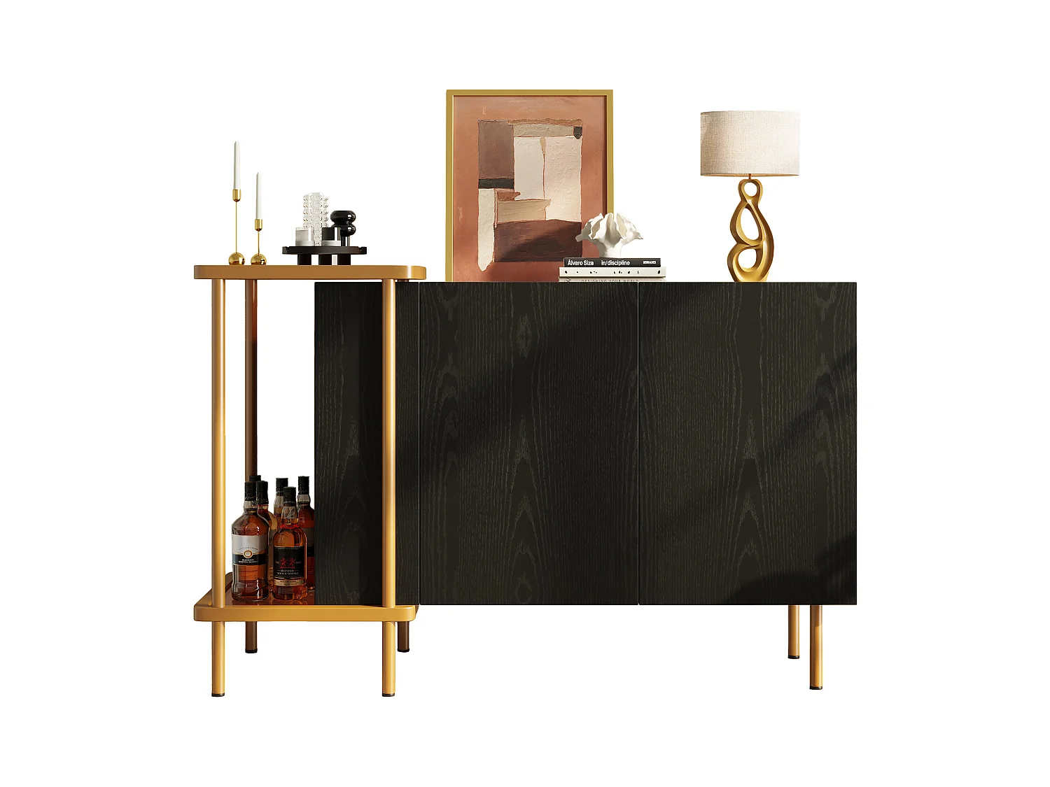 Buffet moderne 120x40x77.5cm - avec 2 portes - 2 compartiments ouverts - pieds en métal - panneau de particules - Noir