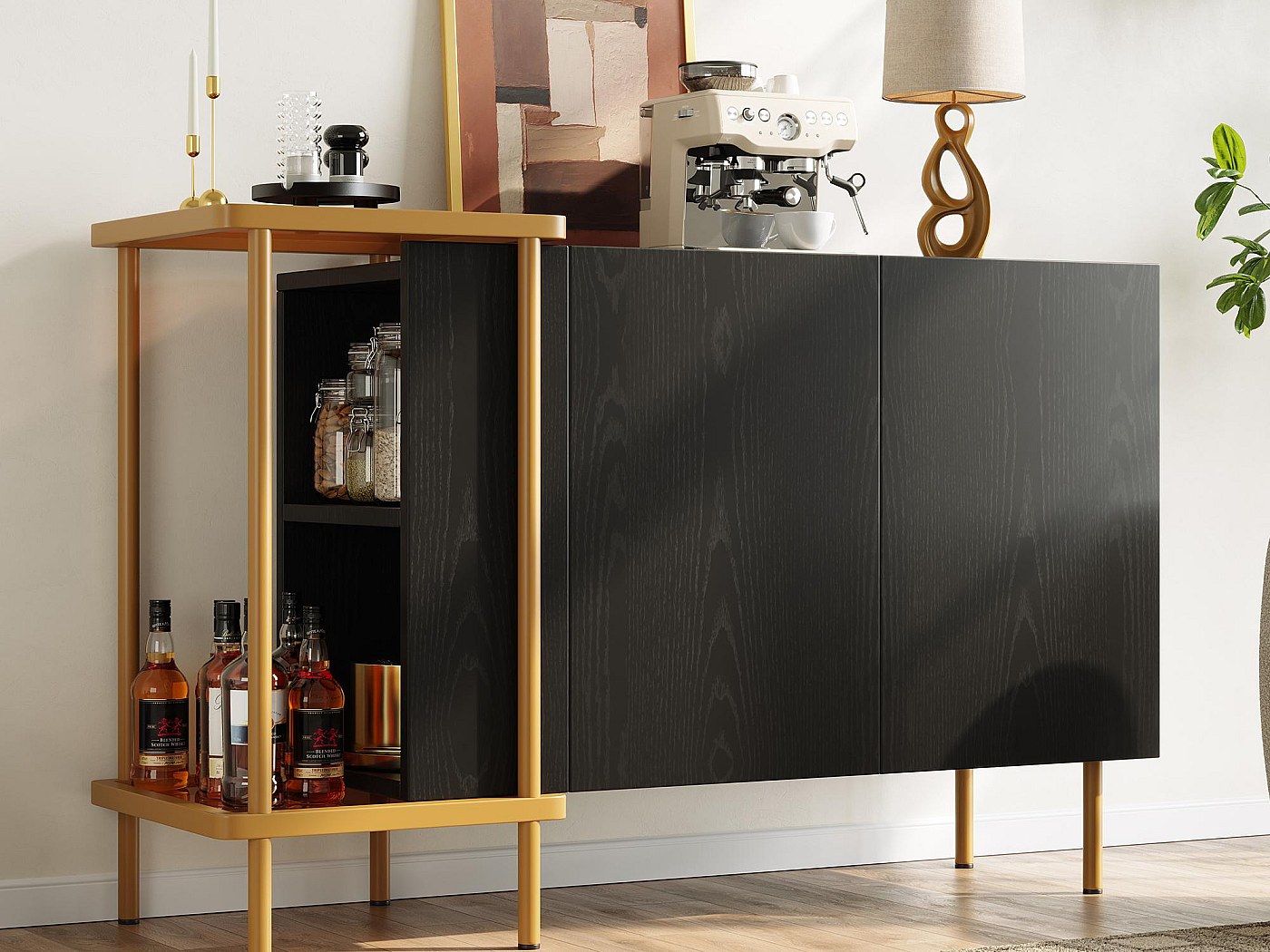 Mobiletto Valencia, credenza con 2 ante e 1 scomparto aperto, bianco opaco/rovere naturale