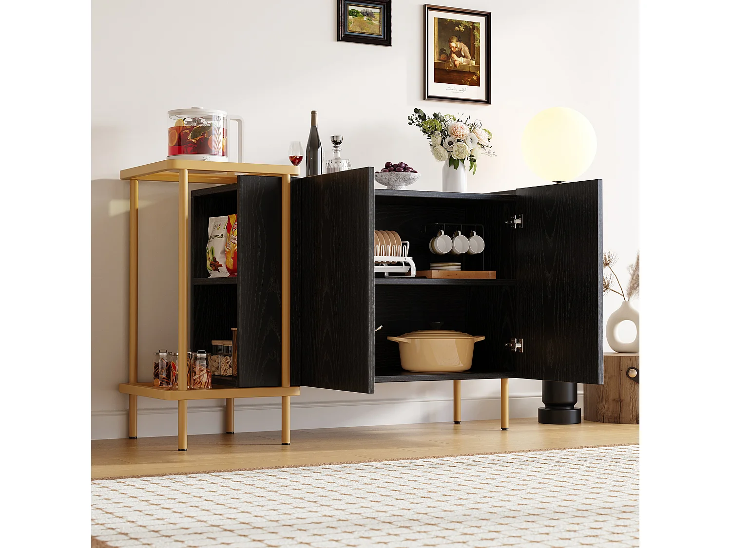Buffet moderne 120x40x77.5cm - avec 2 portes - 2 compartiments ouverts - pieds en métal - panneau de particules - Noir