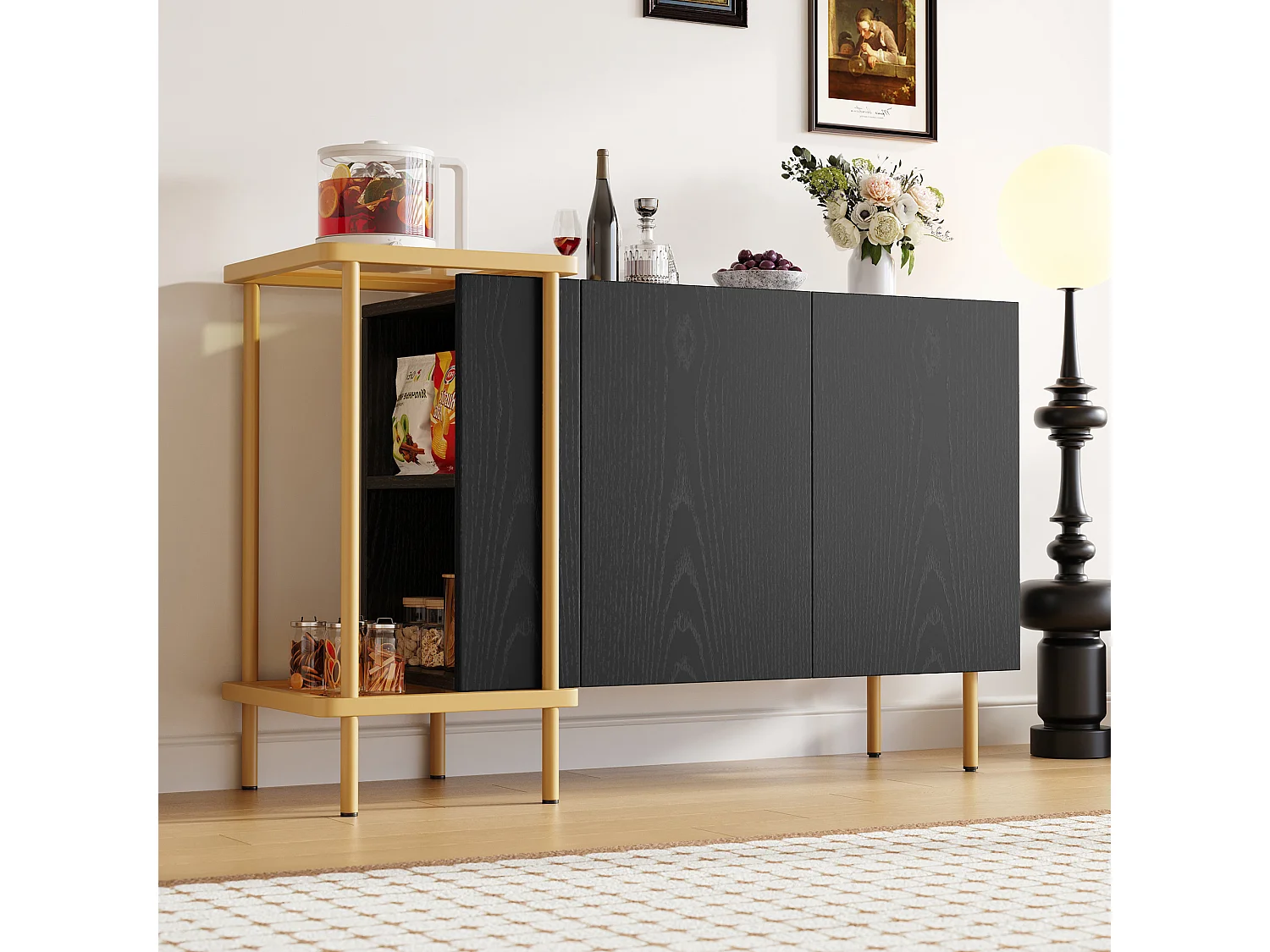 Buffet moderne 120x40x77.5cm - avec 2 portes - 2 compartiments ouverts - pieds en métal - panneau de particules - Noir