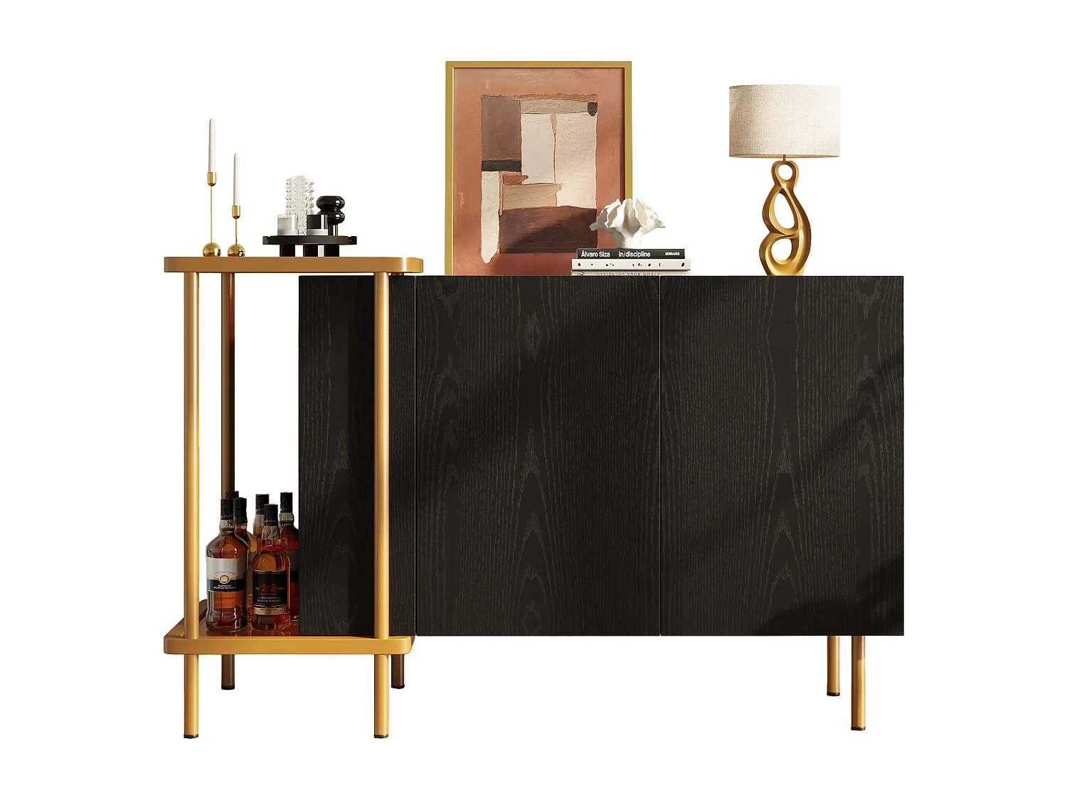 Buffet moderne 120x40x77.5cm - avec 2 portes - 2 compartiments ouverts - pieds en métal - panneau de particules - Noir