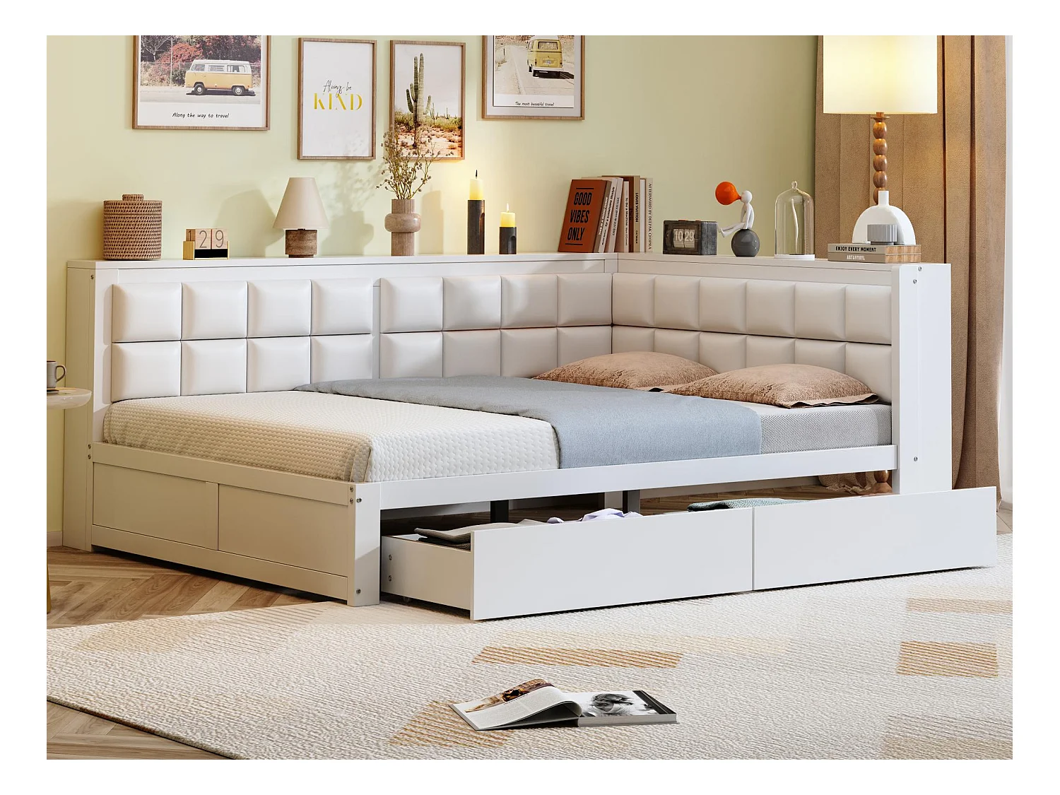 Canapé-lit 140x200 cm - avec dossier moelleux - avec 2 tiroirs - avec sommier à lattes - blanc (matelas non inclus)