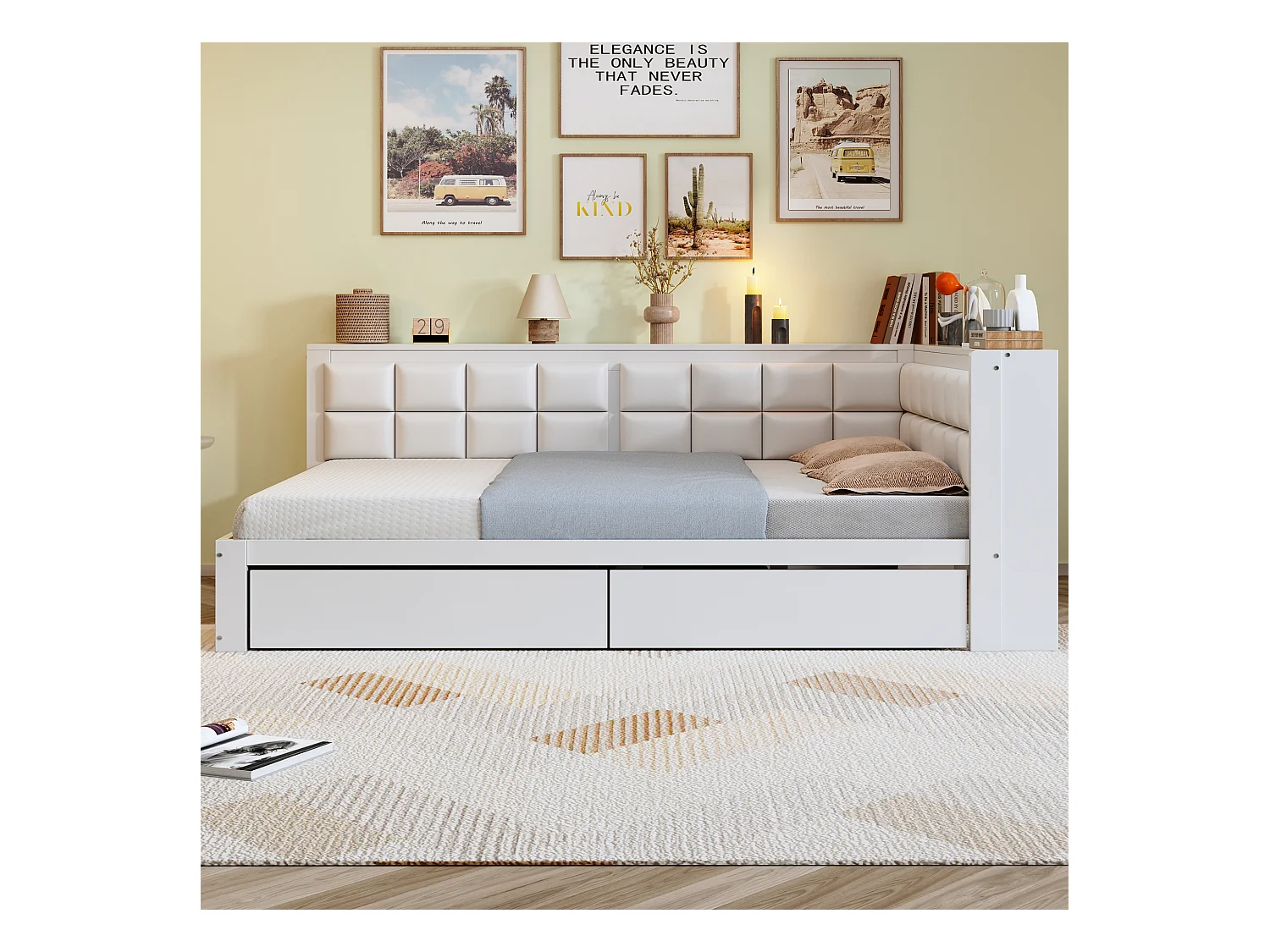 Canapé-lit 140x200 cm - avec dossier moelleux - avec 2 tiroirs - avec sommier à lattes - blanc (matelas non inclus)