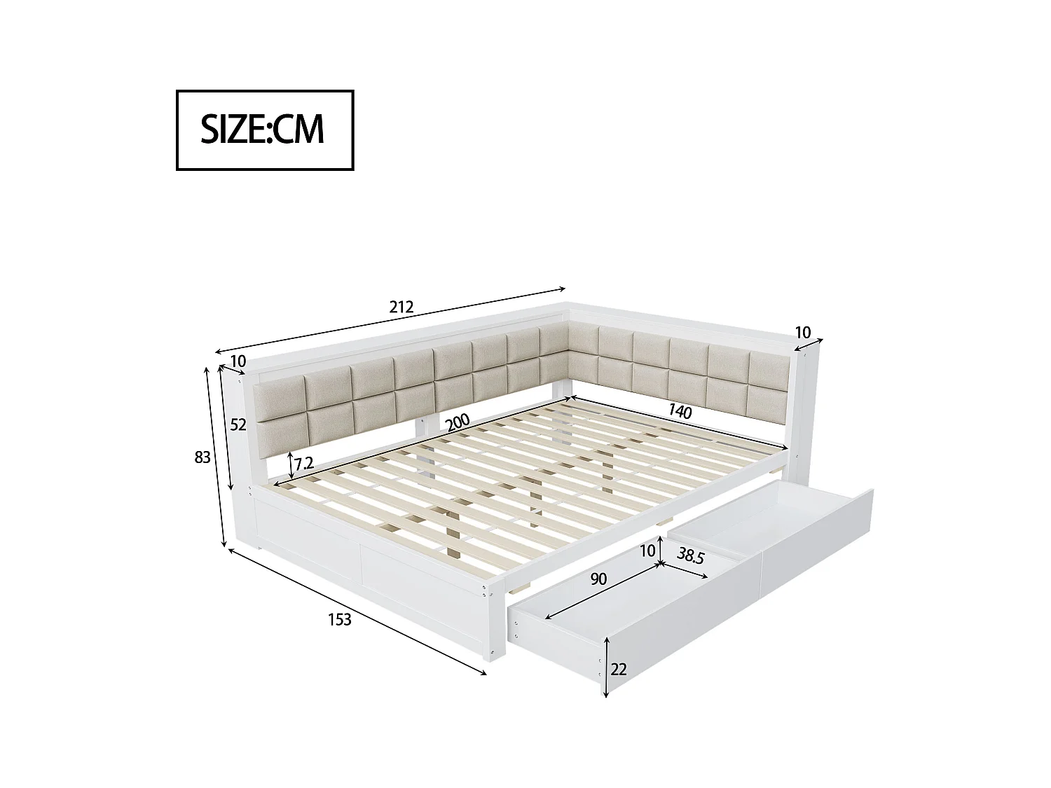 Canapé-lit 140x200 cm - avec dossier moelleux - avec 2 tiroirs - avec sommier à lattes - blanc (matelas non inclus)