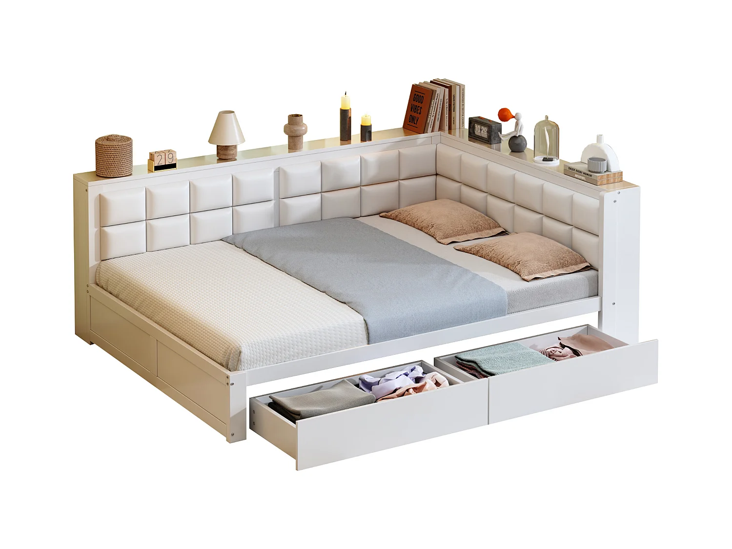 Canapé-lit 140x200 cm - avec dossier moelleux - avec 2 tiroirs - avec sommier à lattes - blanc (matelas non inclus)