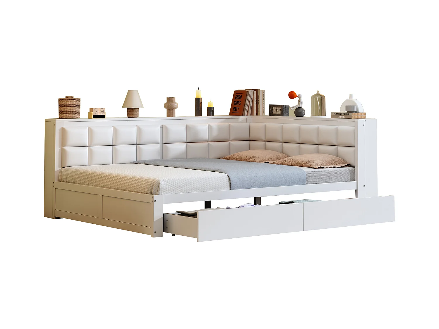 Canapé-lit 140x200 cm - avec dossier moelleux - avec 2 tiroirs - avec sommier à lattes - blanc (matelas non inclus)