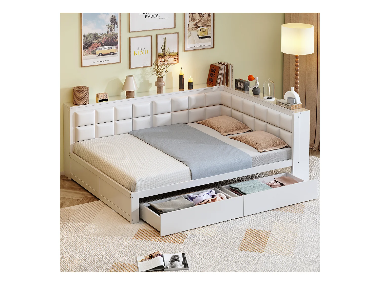 Canapé-lit 140x200 cm - avec dossier moelleux - avec 2 tiroirs - avec sommier à lattes - blanc (matelas non inclus)