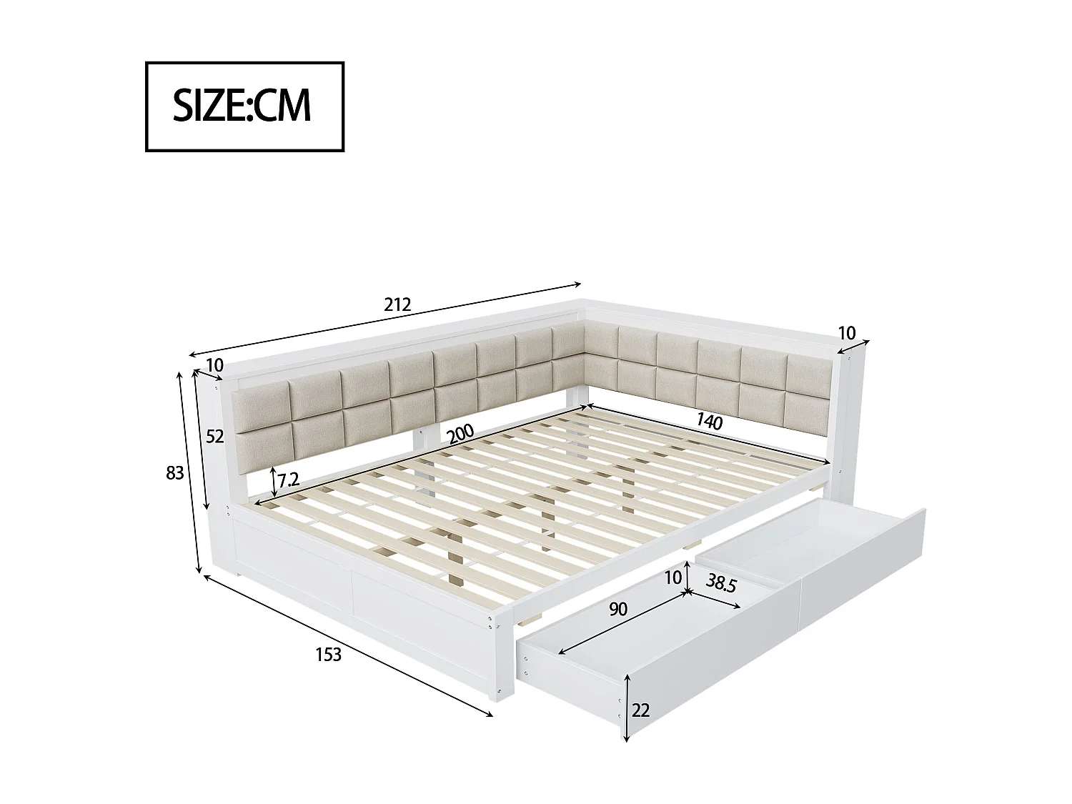 Divano letto 140×200 cm - con schienale imbottito - con 2 cassetti - con rete a doghe - bianco (materasso non incluso)