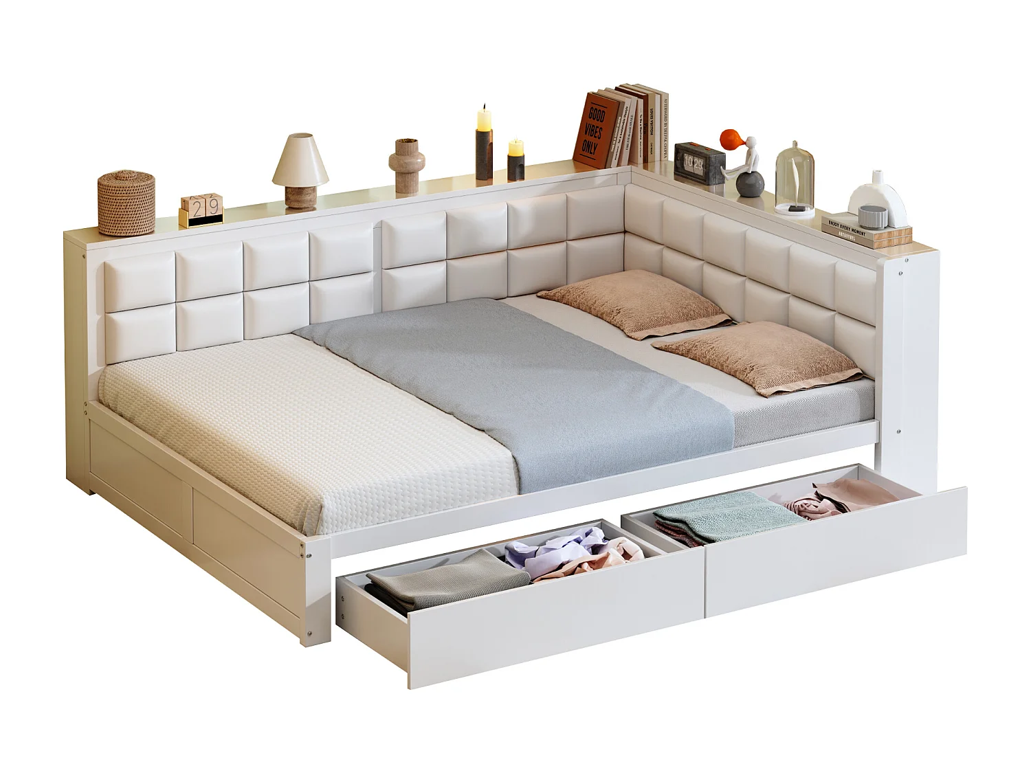 Divano letto 140×200 cm - con schienale imbottito - con 2 cassetti - con rete a doghe - bianco (materasso non incluso)